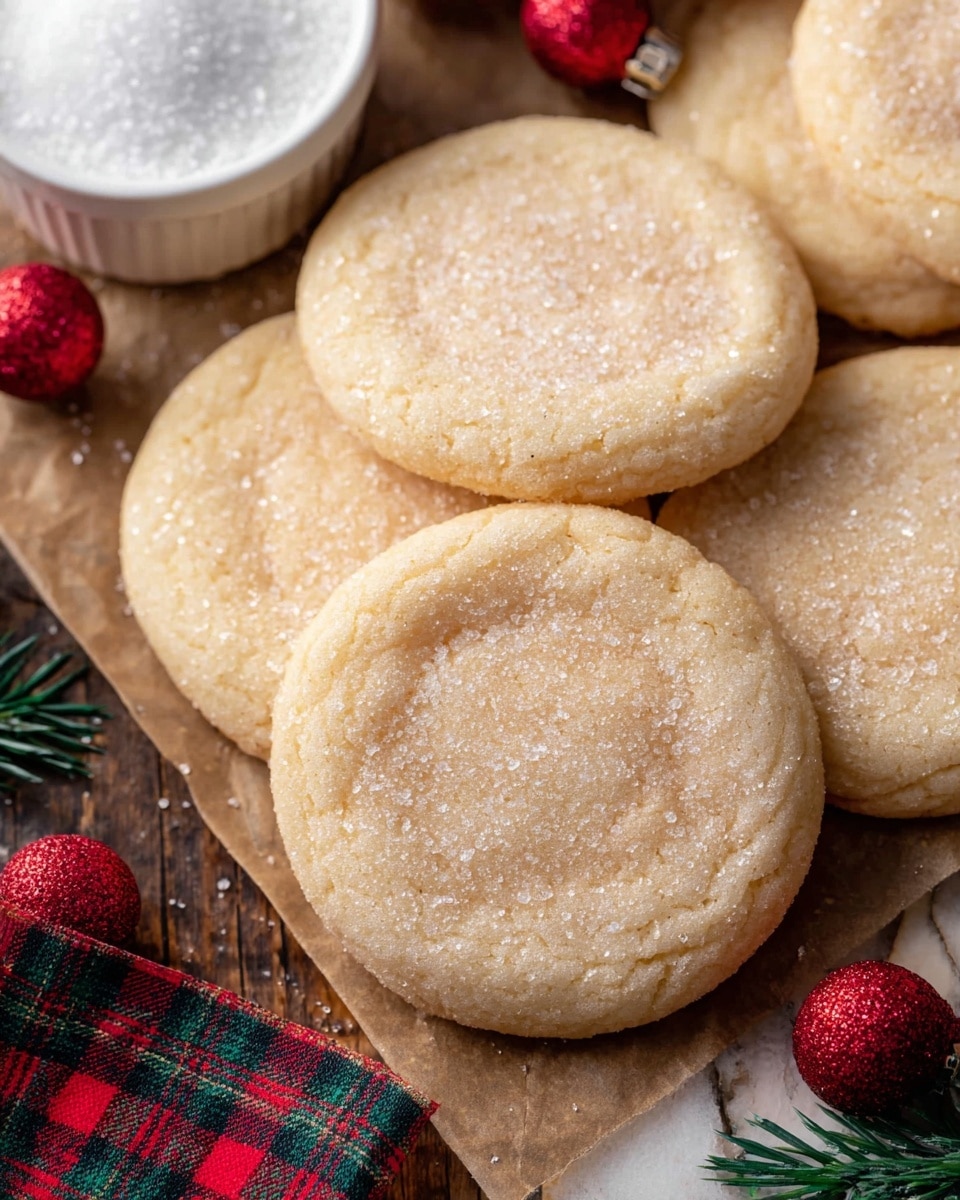 The image shows several soft, round sugar cookies with a pale golden color and a slightly cracked surface; one cookie has a bite taken out of it, revealing a moist, crumbly inside with a light beige tone. The cookies are lightly sprinkled with granulated sugar that gives a sparkling texture on top. The cookies are placed closely together on a white marbled texture, with a festive red and green ribbon and a small red Christmas ornament blurred in the background. Photo taken with an iphone --ar 4:5 --v 7