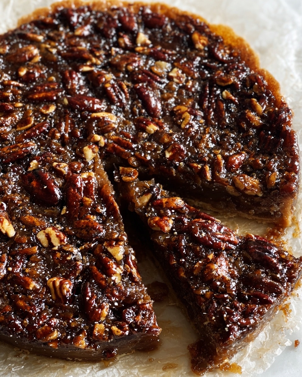 A close-up of a round sticky pecan pie with one slice cut out and slightly separated from the rest, showing a rich, dark brown glossy top layer packed with whole and chopped pecans that glisten with syrup. The pecan layer sits on a denser, slightly lighter brown base, all resting on a piece of wrinkled parchment paper over a white marbled surface. The textures are sticky and chunky with a shiny, caramelized finish. Photo taken with an iphone --ar 4:5 --v 7