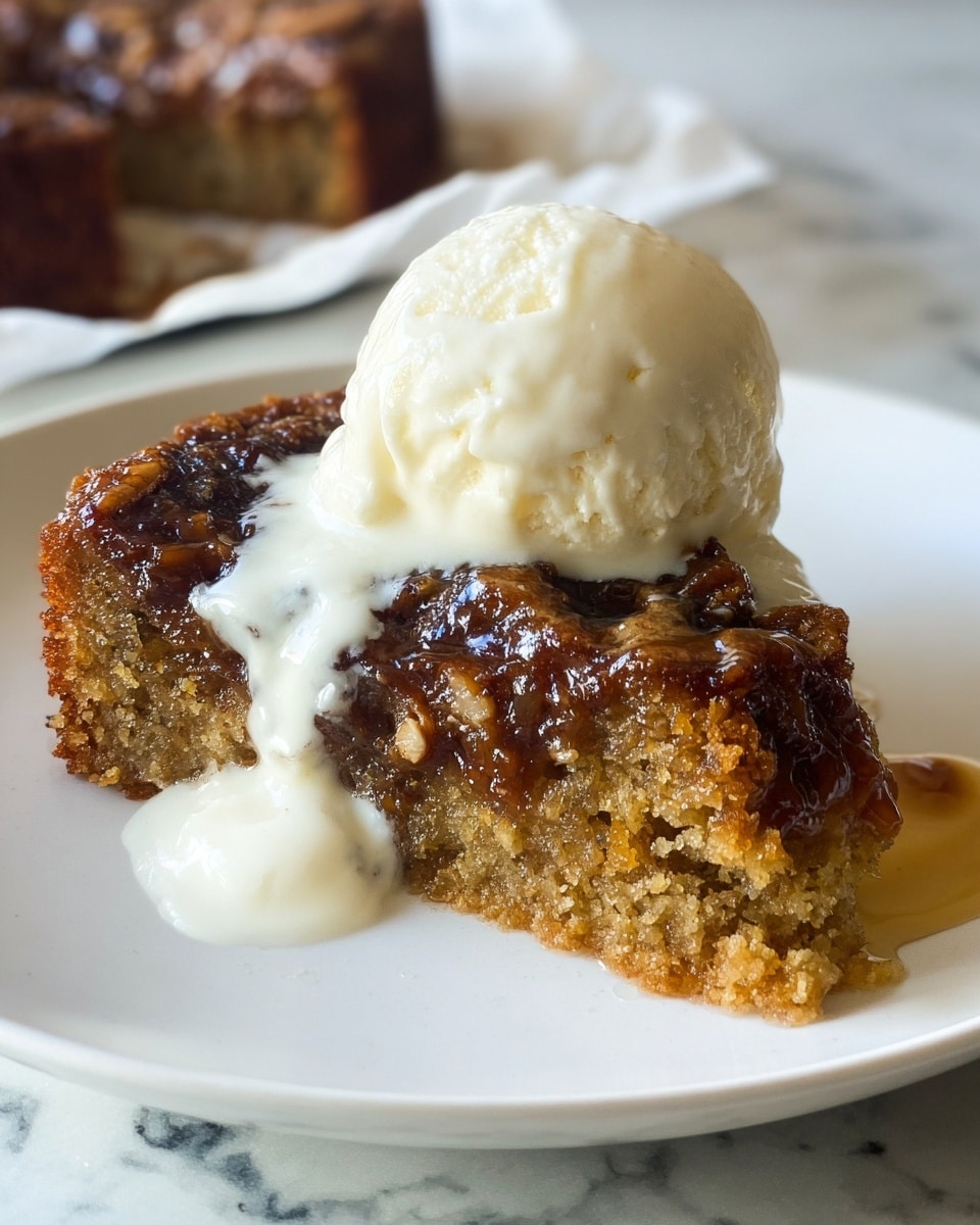 A single slice of sticky toffee pudding sits on a white plate, showing a dense, golden-brown cake base with a moist, caramelized layer on top that is dark brown and glossy with small bits of toffee. A scoop of melting vanilla ice cream, creamy white with soft texture, rests on top of the pudding, slowly dripping down the sides and pooling on the plate. In the blurred background, the rest of the cake wrapped in parchment paper is visible on a white marbled surface. photo taken with an iphone --ar 4:5 --v 7