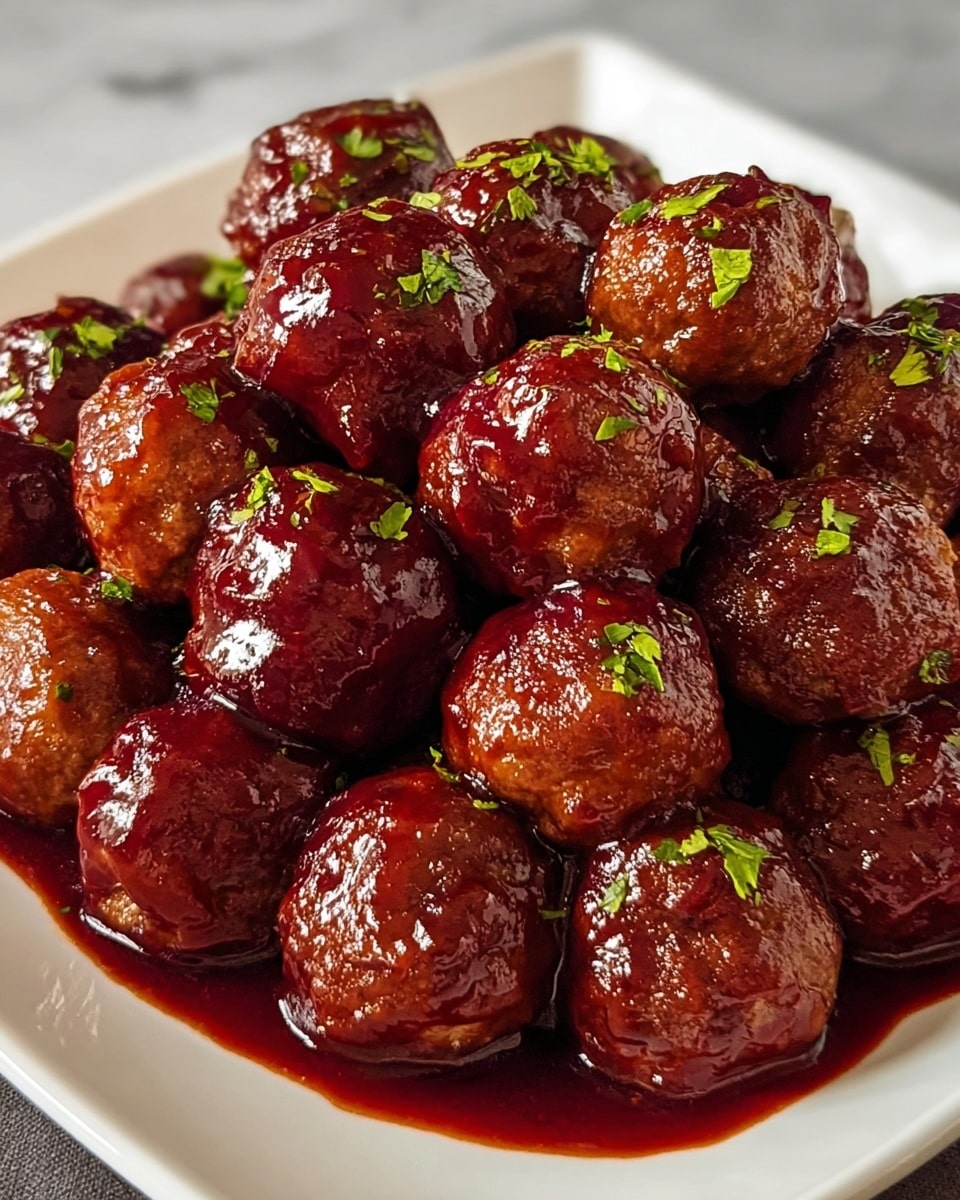 A white square dish holds a pile of round meatballs covered in a shiny, dark reddish-brown sauce that pools slightly at the bottom. Each meatball is coated evenly, showing a glossy texture that reflects light, making the sauce look thick and sticky. Bright green chopped herbs are sprinkled all over the meatballs, adding a fresh contrast to the deep sauce color. The meatballs sit close together, creating a mound in the center of the dish, placed on a white marbled textured surface. photo taken with an iphone --ar 4:5 --v 7