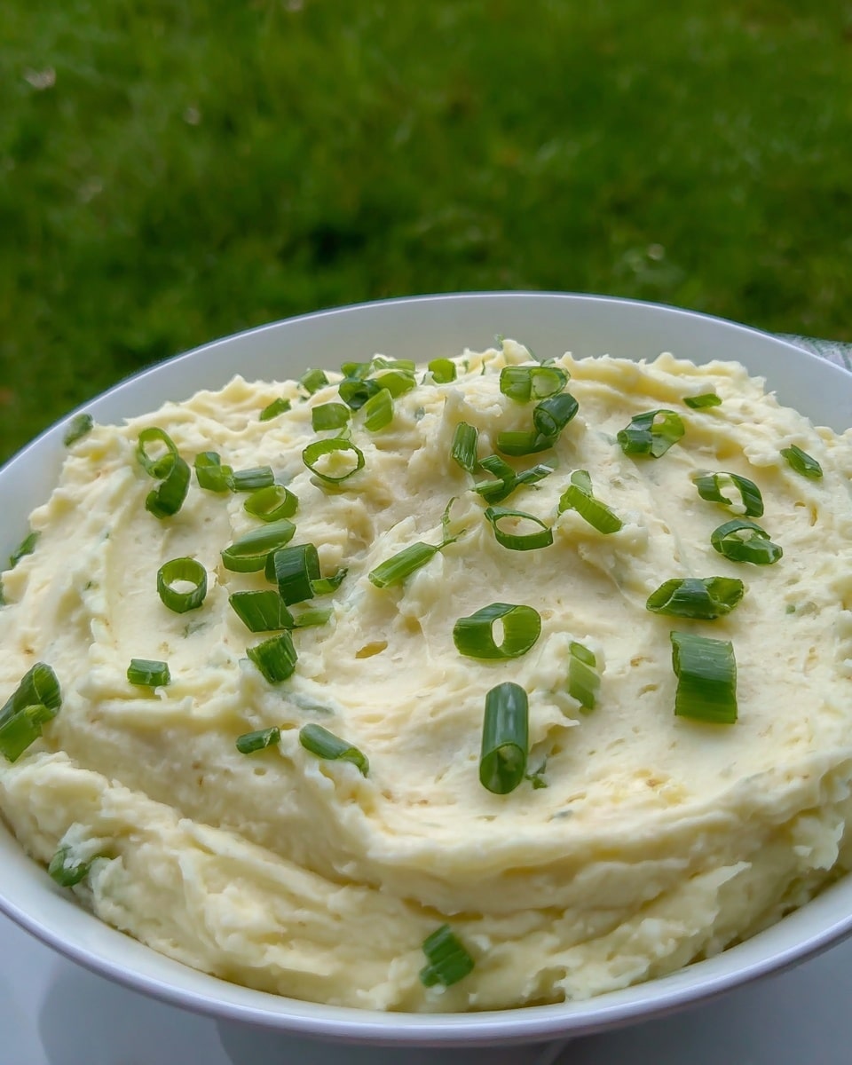 A white scalloped bowl holds a thick layer of pale creamy mashed potatoes spread smoothly with soft ridges. On top, a single layer of chopped bright green scallions are scattered evenly, adding a fresh contrast to the pale yellow-white base. The bowl rests on a blue cloth with a green grass background visible beyond. The mashed potatoes fill the bowl to the edges, showing a light fluffiness and slightly coarse texture. photo taken with an iphone --ar 4:5 --v 7