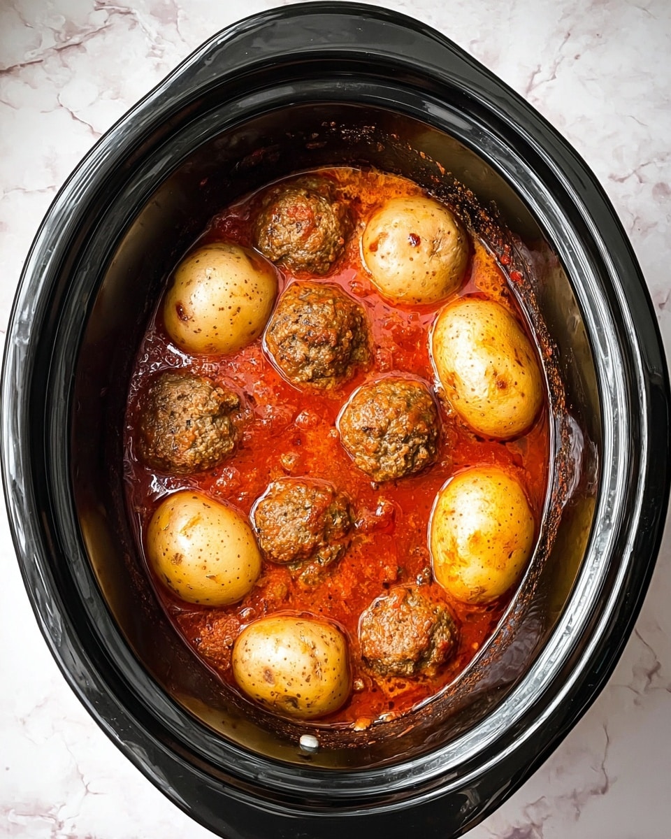 Inside a black slow cooker, there is a thick, red tomato sauce filling the bottom layer with a shiny oily surface. Small brown meatballs are scattered evenly around the edge, partially submerged in the sauce, showing some texture on top. Four whole brown potatoes sit on top of the sauce and meatballs in the center; two are placed side by side vertically near the bottom half, one is horizontal above them, and one near the top, all with a rough skin texture. The whole scene is placed on a white marbled surface. photo taken with an iphone --ar 4:5 --v 7