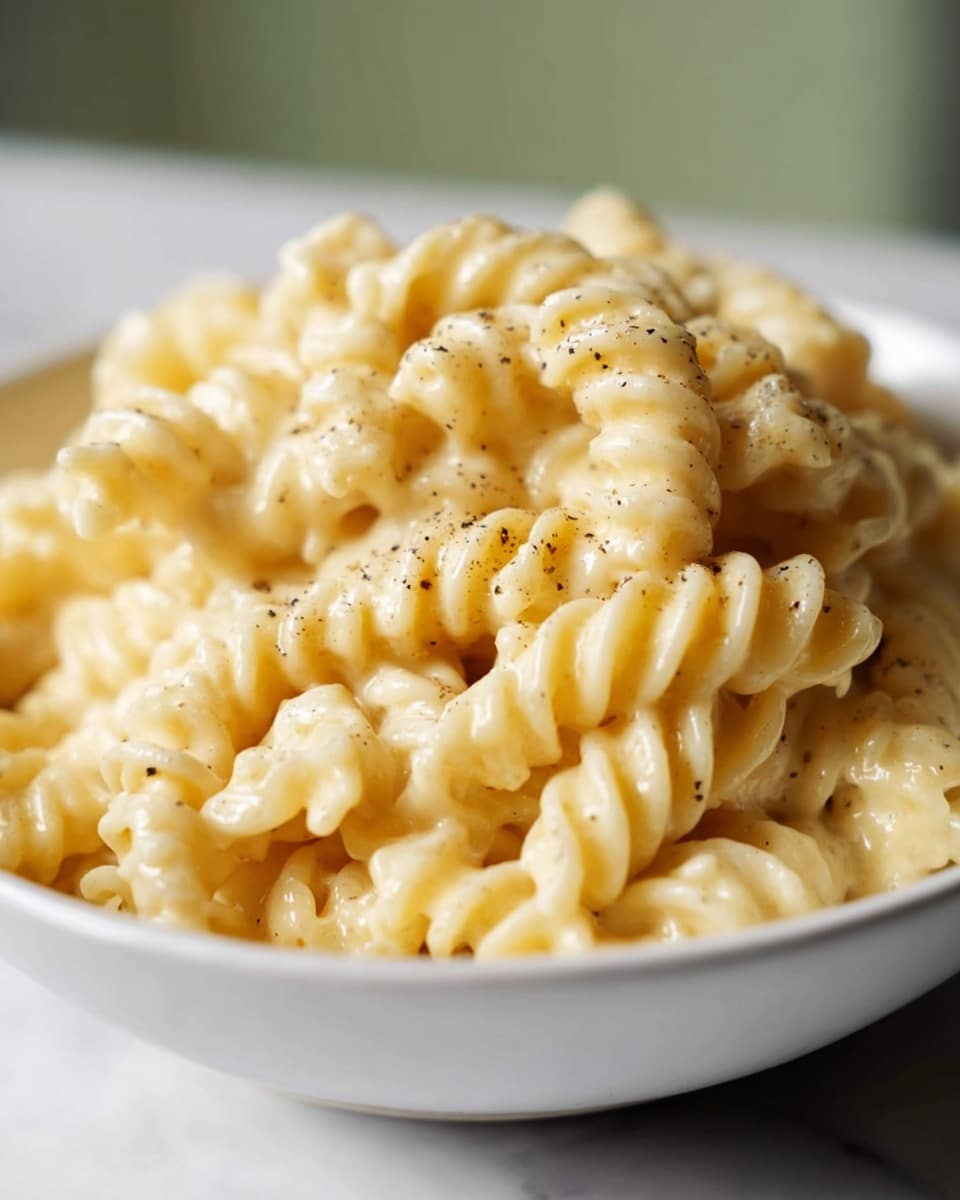 A close-up of a pan filled with creamy macaroni and cheese made with spiral pasta. The spiral pasta is coated evenly with a smooth, light yellow cheese sauce, giving it a glossy texture. Tiny black pepper specks are sprinkled over the top layer, adding visual contrast. The pan is light blue and sits on a white marbled surface, with the cheese covering each swirl of the pasta in a rich, thick layer that looks soft and comforting. photo taken with an iphone --ar 4:5 --v 7