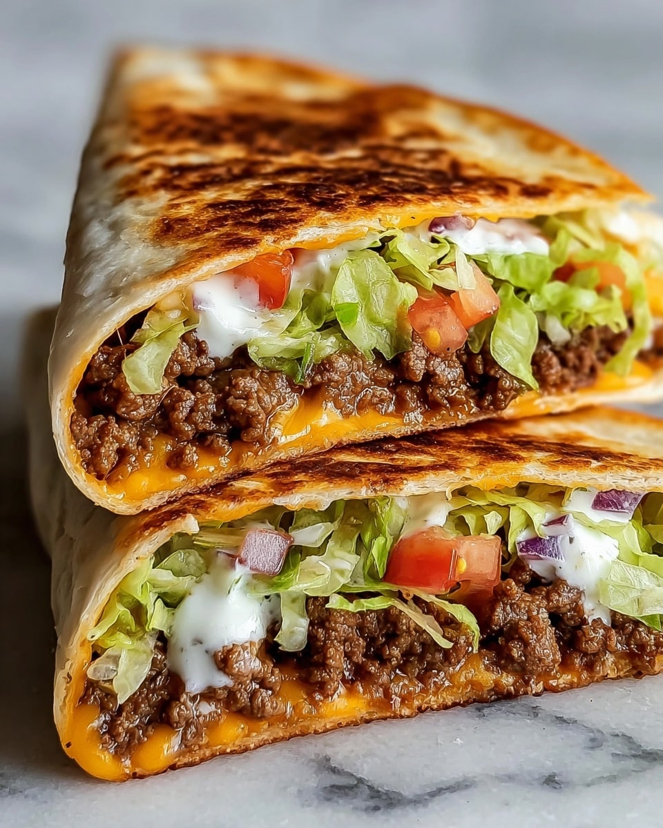 Three folded quesadilla pieces stacked on top of each other on a white marbled surface, each piece showing layers of browned, grilled tortilla on the outside with melted cheddar and mozzarella cheese, cooked ground beef, shredded green lettuce, and pieces of diced red tomato inside, the top piece has a close-up view revealing the texture of the melted cheese and fresh lettuce distinctly, photo taken with an iphone --ar 4:5 --v 7