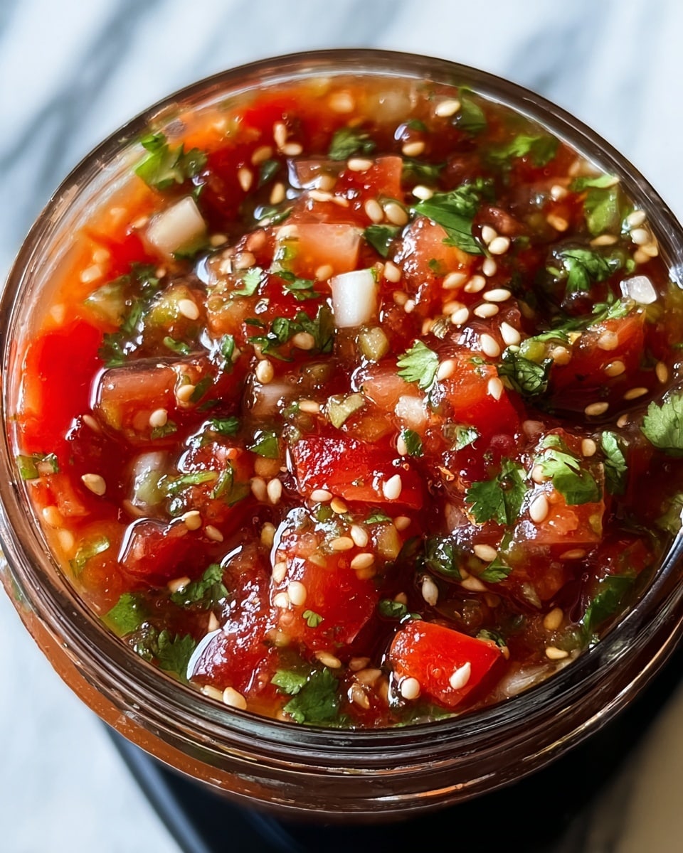 A clear glass jar holds fresh salsa with a thick, chunky texture. Inside, bright red tomato pieces mix with small white chunks of onion, and green bits of cilantro spread evenly throughout. Tiny white sesame seeds sprinkle on top, adding a slight contrast. The salsa looks juicy and vibrant with a glossy surface, all visible through the jar’s transparent sides. The jar sits on a white marbled texture background. Photo taken with an iphone --ar 4:5 --v 7