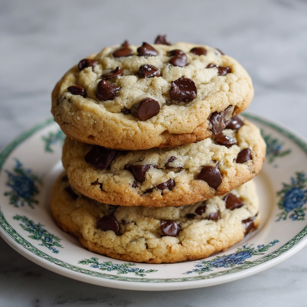 Three thick, soft chocolate chip cookies sit close together on a white plate decorated with a blue floral pattern around the edge. Each cookie has a golden-brown surface with visible large, dark brown chocolate chips embedded throughout. The texture looks fluffy and slightly crumbly, with gentle cracks and rise on the top of the cookies. The background is a white marbled surface. photo taken with an iphone --ar 4:5 --v 7