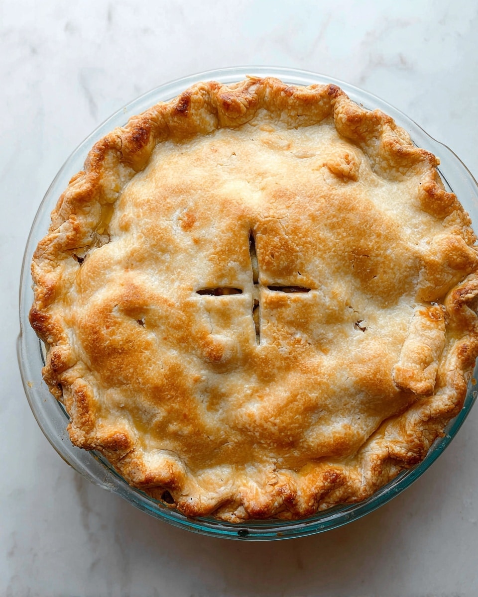 A round pie with a golden-brown crust sits in a clear glass pie dish on a white marbled surface, its edges crimped in a scalloped pattern. The top crust layer is uneven with slight puffiness and has four small slits forming a rough cross in the center, showing hints of the filling beneath. The crust has a mix of light and darker golden spots, indicating it is well-baked with a slightly rough texture. The pie dish reflects the soft light, giving the crust a warm and inviting look. photo taken with an iphone --ar 4:5 --v 7