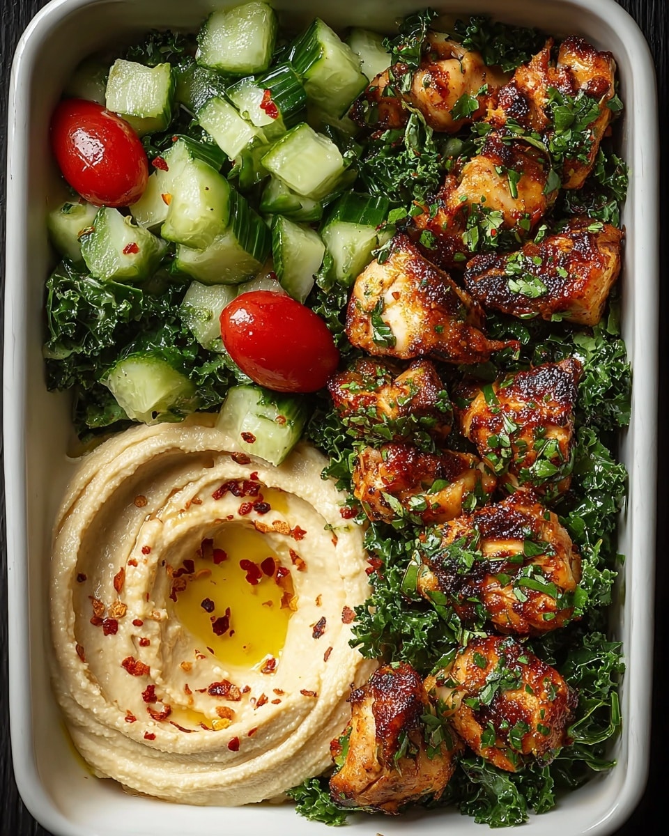 In a white rectangular dish, there are three main parts: on the left side, a smooth, creamy beige hummus topped with a pool of golden olive oil and sprinkled with red chili flakes; in the middle, a fresh cucumber and halved cherry tomato salad mixed with green herbs, giving a crisp texture and bright colors; on the right, pieces of grilled chicken with a golden-brown char and garnished with chopped green herbs. The whole dish rests on a bed of leafy kale that adds a dark green base under the chicken and salad. The dish is placed on a white marbled surface. photo taken with an iphone --ar 4:5 --v 7