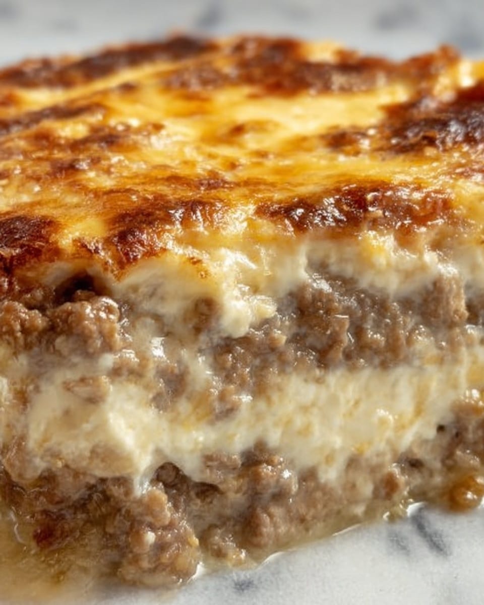 The image shows a close-up of a layered dish with three visible layers. The top layer is a golden-brown melted cheese with a bubbly, slightly crispy texture. Below that is a thick, creamy white layer that looks soft and smooth, possibly a cheese or cream mixture. The bottom layer is a browned, crumbly ground meat that appears moist and well-cooked. The layers sit on a white marbled surface. photo taken with an iphone --ar 4:5 --v 7