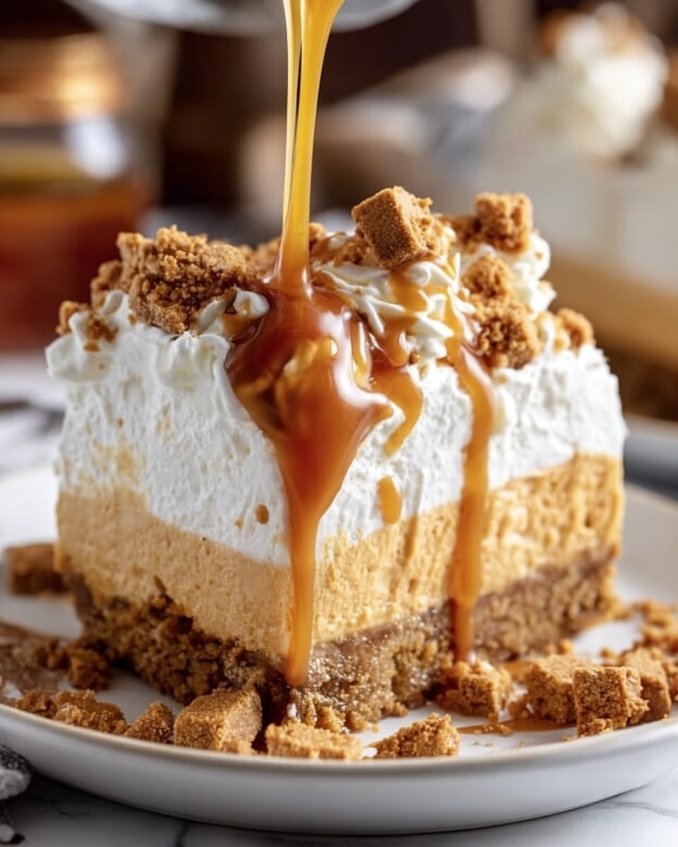 The image shows a three-layer dessert slice on a white plate. The bottom layer is a golden brown crust, the middle layer is a thick, smooth orange filling, and the top layer is a generous amount of white whipped cream with a fluffy texture. Caramel sauce is being poured from above, dripping down the sides and pooling on the plate. Crushed pieces of a crumbly, brown topping are scattered over the whipped cream and around the plate. The background has a soft focus with a white marbled texture underneath the plate. Photo taken with an iphone --ar 4:5 --v 7