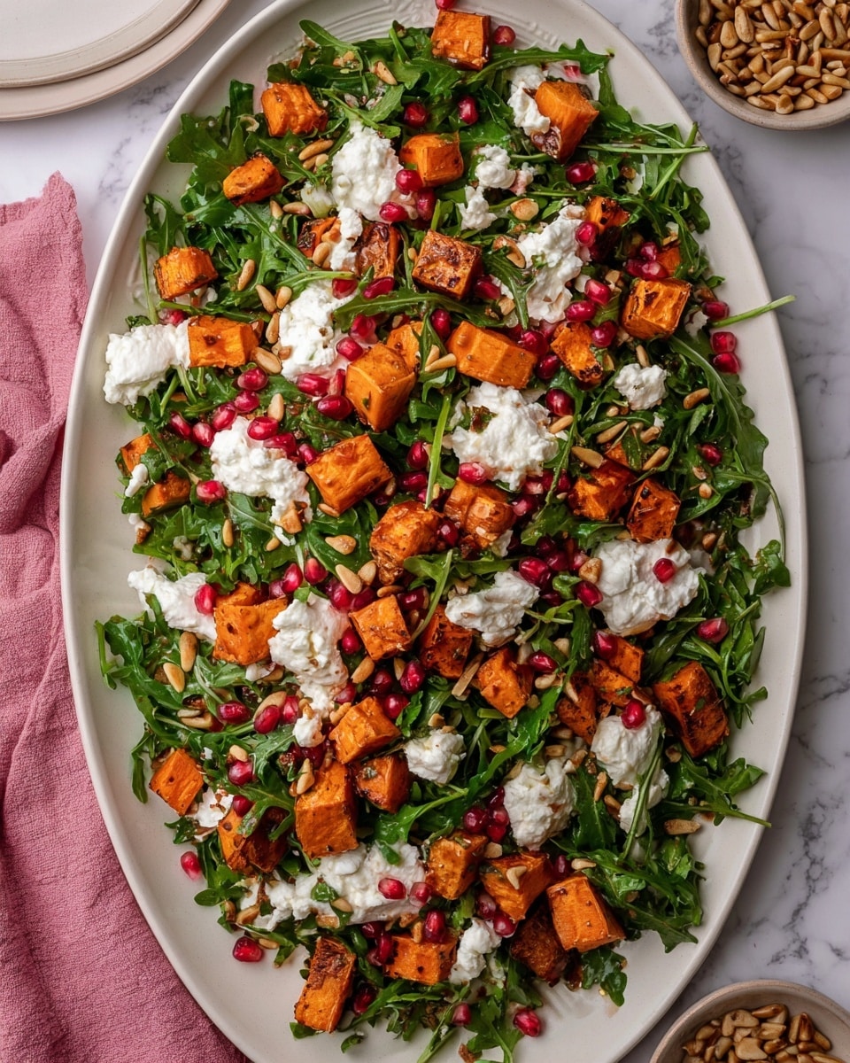 An oval white plate holds a colorful salad with dark green leafy kale as the base layer, scattered with bright red pomegranate seeds. Roasted orange sweet potato cubes are spread evenly on top, adding a bold contrast. Creamy white dollops of ricotta cheese are placed on the salad in multiple spots, adding texture. Light beige pine nuts are sprinkled generously over everything. The plate sits on a white marbled surface with a soft pink cloth nearby, and a small bowl with extra pine nuts is visible to the side. Photo taken with an iphone --ar 4:5 --v 7