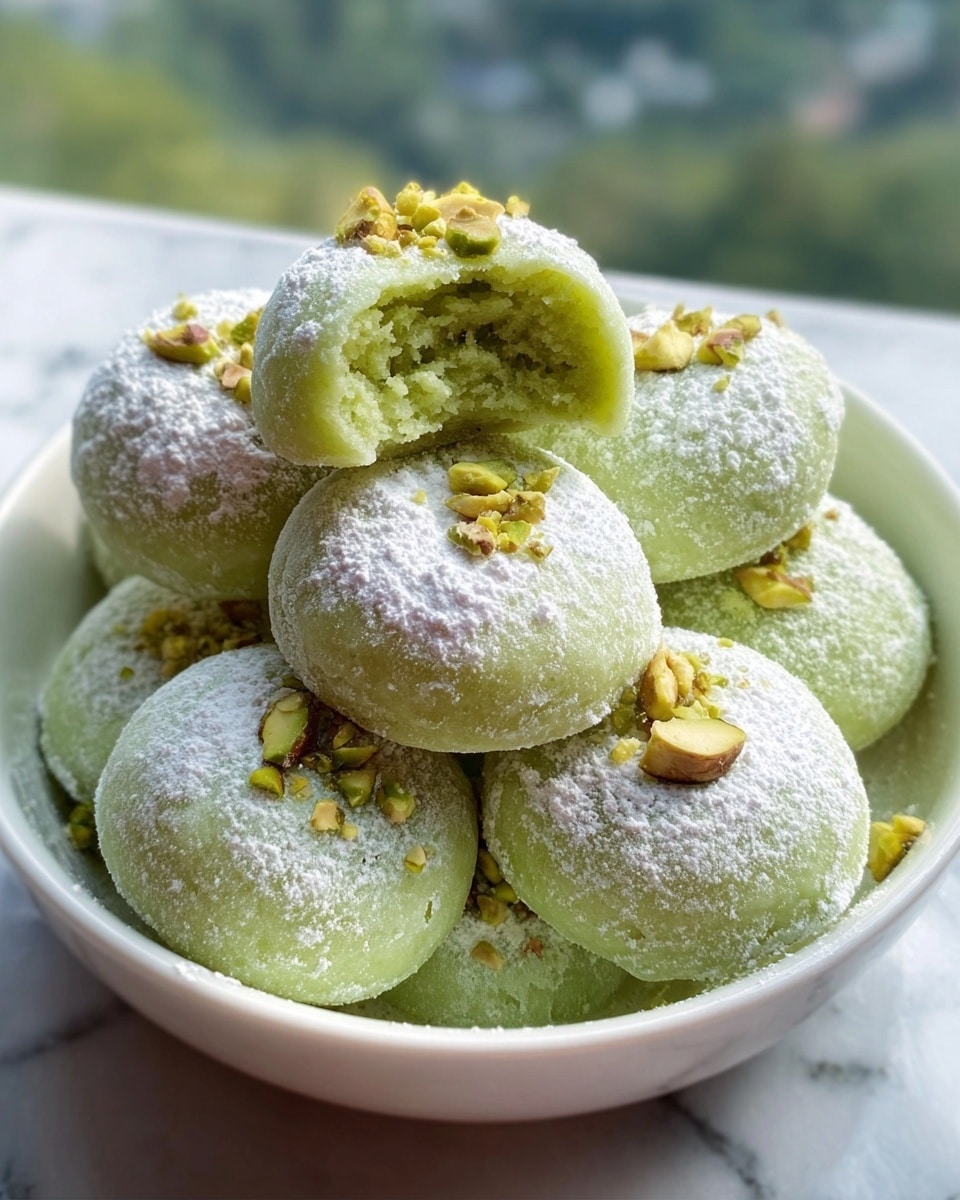 The image shows a stack of soft, round green cookies on a white plate with a red and brown pattern along the edge. Each cookie has a light dusting of white powdered sugar on top and a single pistachio nut placed in the center. The cookies look smooth and slightly thick, layered evenly in a pile. Some loose pistachio nuts and powder are scattered around the base of the plate. The background is a white marbled texture. photo taken with an iphone --ar 4:5 --v 7