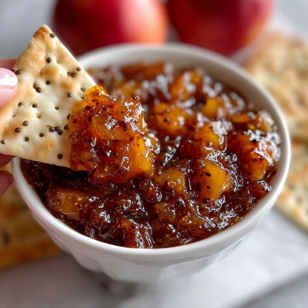 A close-up of a white bowl filled with glossy, amber-colored apple chutney, with visible small chunks of softened apple coated in a shiny, sticky sauce flecked with dark spices. A triangular piece of light beige crispbread with a textured surface and scattered black specks is held near the camera by a woman's hand, with a dollop of the apple chutney resting on its tip. In the background, two blurred red apples sit softly against the white marbled surface. The overall image showcases the rich, textured layers of the chutney and the crispy bread. photo taken with an iphone --ar 4:5 --v 7