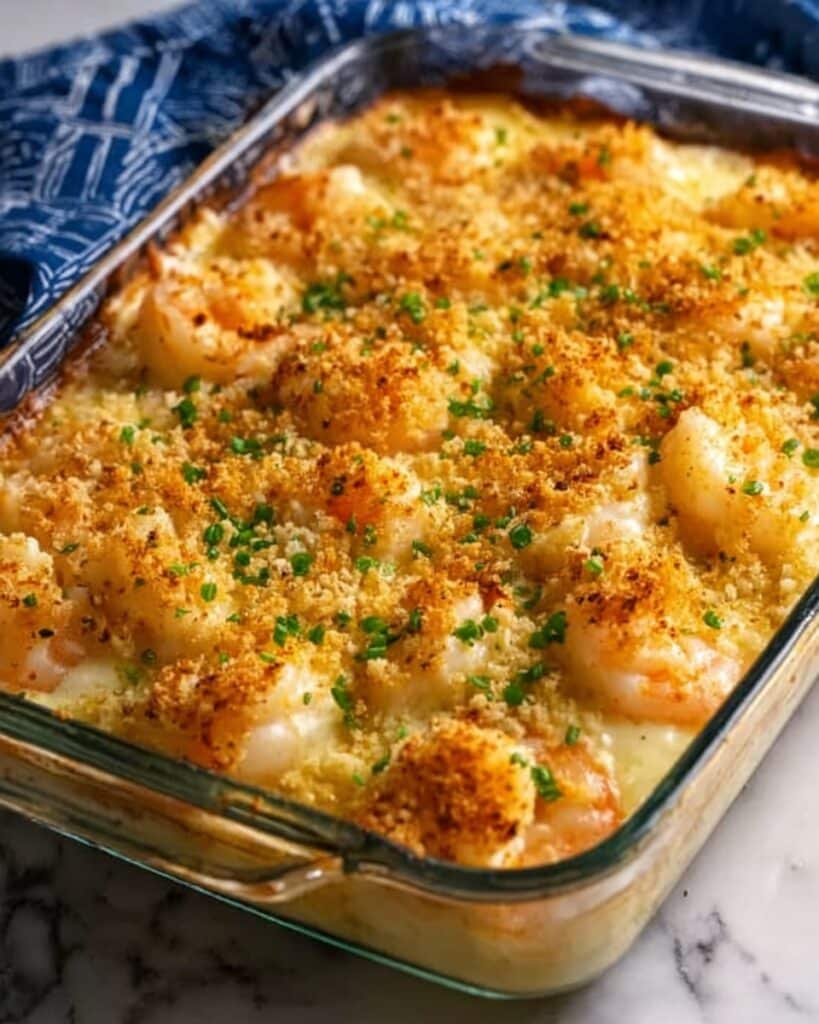 Creamy Shrimp and Rice Casserole with Cheddar and Breadcrumb Topping Recipe