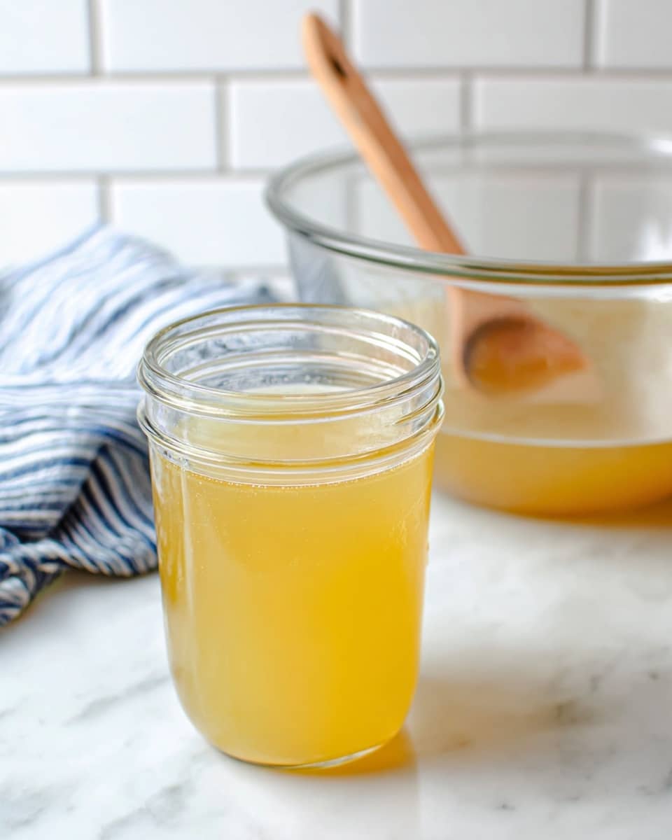 A clear glass jar filled with a golden-yellow liquid that has a smooth and slightly thick texture, placed on a white marbled surface. Behind the jar, there is a large clear glass bowl containing the same golden-yellow liquid with a wooden stick inside, part of the stick resting on the edge of the bowl. A white and navy striped cloth is partly visible on the left side of the bowl. The background is a simple white tiled wall, giving a clean and fresh kitchen feel. photo taken with an iphone --ar 4:5 --v 7