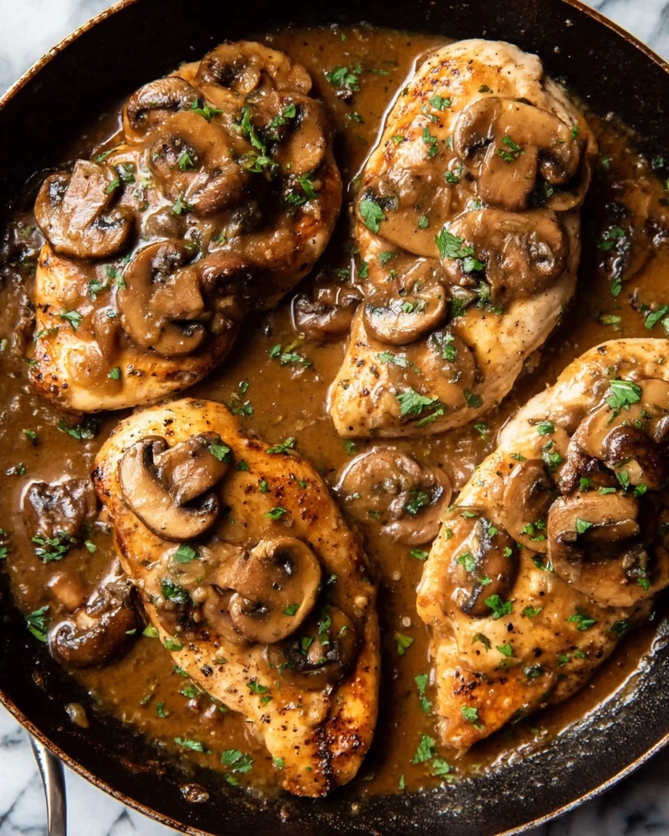 The image shows a close-up of four cooked chicken breasts in a black skillet with a rich brown mushroom sauce. Each chicken breast is topped with sliced brown mushrooms, garnished with small green herb pieces, likely parsley. The sauce is thick and glossy, covering the chicken and pooling slightly around the edges. The mushrooms have a soft texture with some golden edges from cooking, and the sauce has visible small bits of seasoning. The background is a white marbled texture. photo taken with an iphone --ar 4:5 --v 7