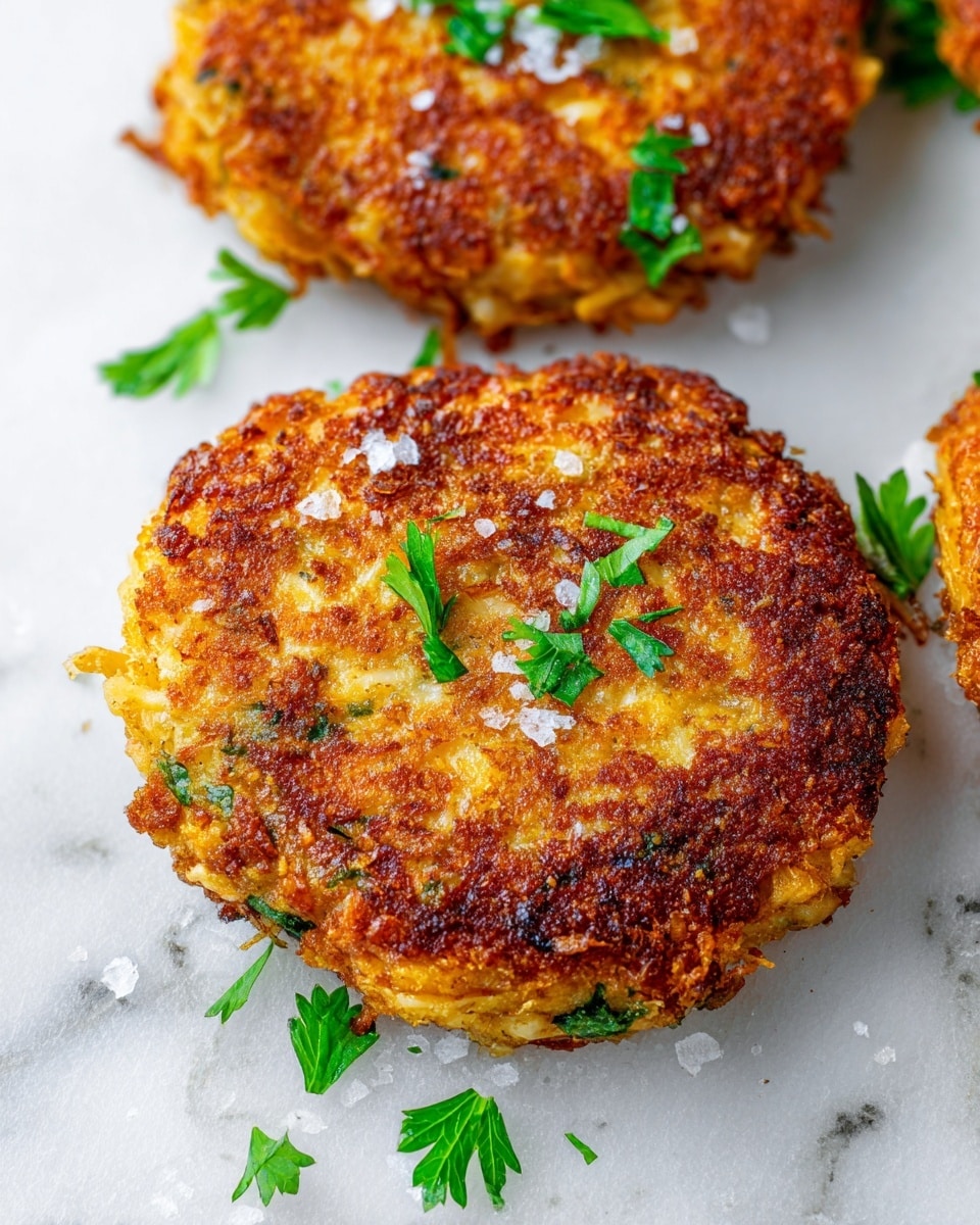 The image shows several golden brown, crispy hash brown patties stacked closely together on a white marbled surface. Each patty has a rough, crunchy texture with visible strands of shredded potato mixed with small pieces of green herbs. One patty in the center is broken open, revealing a soft, light yellow inside with finely shredded potato layers. On top of this open patty, a dollop of creamy white sauce with specks of black pepper and green herbs is spread partially over the crispy surface. Coarse salt flakes and small bright green parsley leaves are scattered over the patties, adding fresh pops of color. photo taken with an iphone --ar 4:5 --v 7