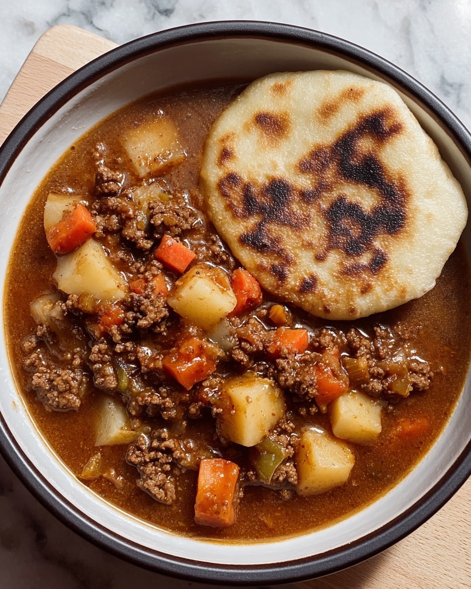A white bowl with a dark rim holds a thick stew filled with chunky pieces of light brown ground meat, diced off-white potatoes, bright orange carrots, and small bits of celery in a rich brown gravy. On the right side of the bowl, a round piece of flatbread with a toasted, slightly charred beige surface rests partially submerged in the stew. The bowl sits on a white marbled texture surface. photo taken with an iphone --ar 4:5 --v 7