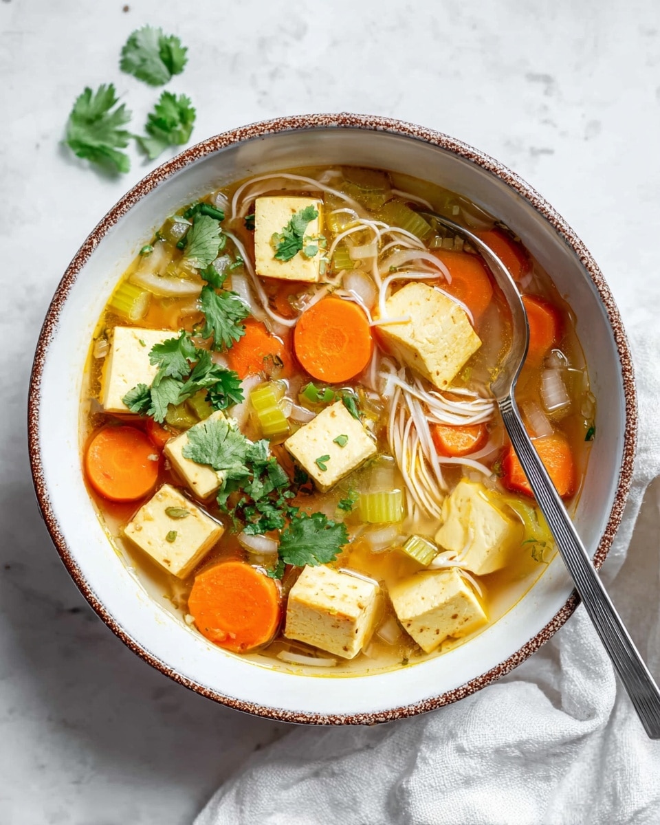 A black pot filled with a soup showing three visible layers: at the bottom is a light brown broth with a clear watery texture, on top of it thin white noodles form a tangled layer mostly covering the broth, scattered over the noodles are medium-sized orange carrot slices and off-white tofu cubes mixed with small light yellow celery pieces, and the dish is topped with a bright green layer of chopped herbs spread evenly across the surface; the pot sits on a white marbled textured cloth with a wooden board holding chopped herbs and a small white bowl nearby, photo taken with an iphone --ar 4:5 --v 7