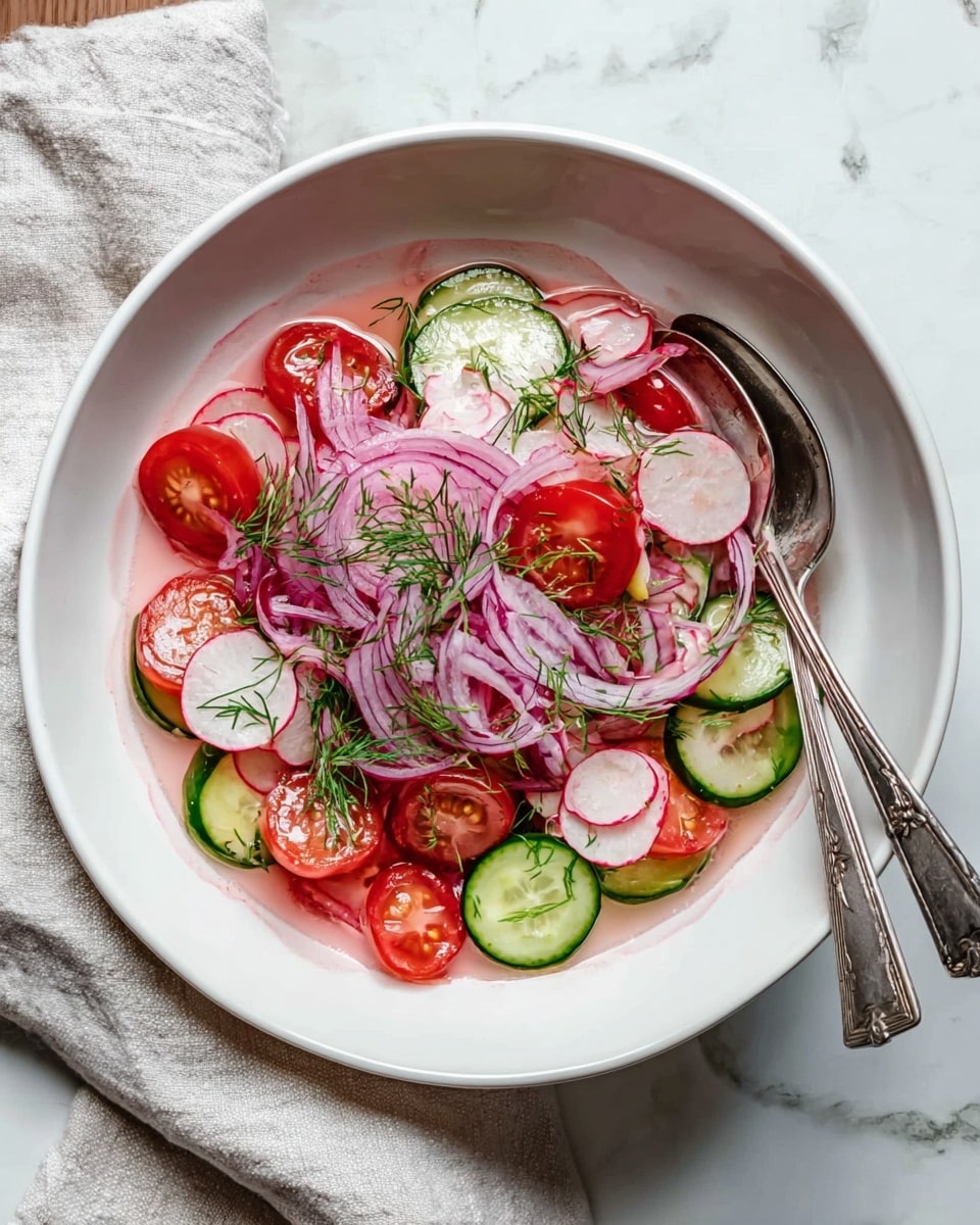 A white bowl filled with a fresh salad showing several layers: the bottom layer has light green cucumber slices with a smooth texture, followed by thin, translucent pale pink onion slices gently spread on top. Over this, thinly sliced radishes with white centers and pink edges are layered, mixed with halved bright red cherry tomatoes. Small green dill sprigs are sprinkled throughout the salad. The bowl contains light pink liquid, possibly a dressing, and an old silver spoon is placed inside the bowl, resting on the salad. The bowl sits on a white marbled surface. photo taken with an iphone --ar 4:5 --v 7