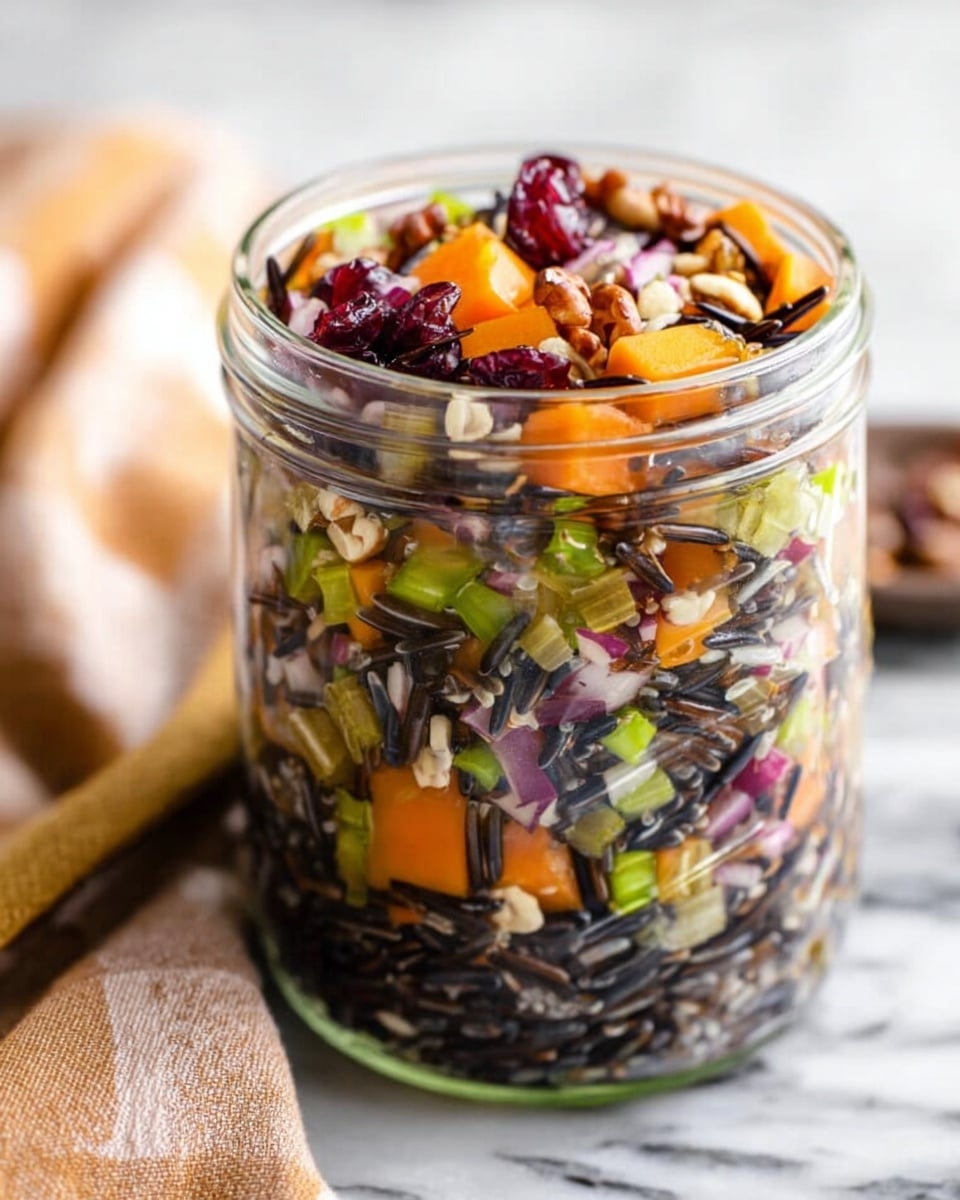 A clear glass bowl filled with a mix of wild rice as the dark textured base layer, topped with chunks of white and purple diced onions, bright green pistachios, smooth green celery pieces, shiny deep red dried cranberries, and rich brown pecan halves, all mixed together with a slight glossy finish from dressing. A silver spoon is partially inserted into the bowl on the left side. The bowl sits on a white marbled surface. photo taken with an iphone --ar 4:5 --v 7