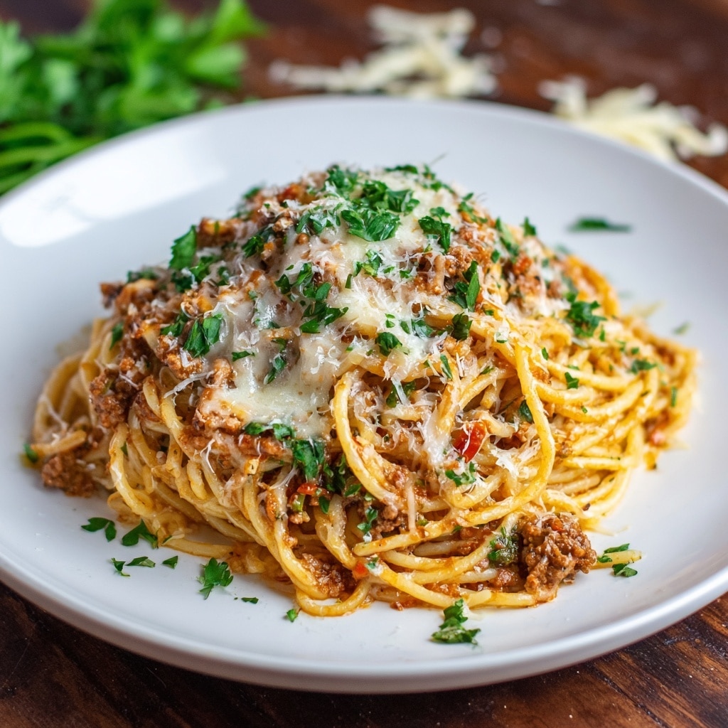This image shows a white plate with a heap of spaghetti. The bottom layer is thick, creamy sauce mixed with ground meat, light brown with a smooth texture. On top, there are yellow spaghetti noodles covered in melted cheese that is golden and bubbly in spots. Small green parsley leaves are sprinkled over the top for color. The plate is sitting on a white marbled surface with scattered white cheese shreds around it. Photo taken with an iphone --ar 4:5 --v 7