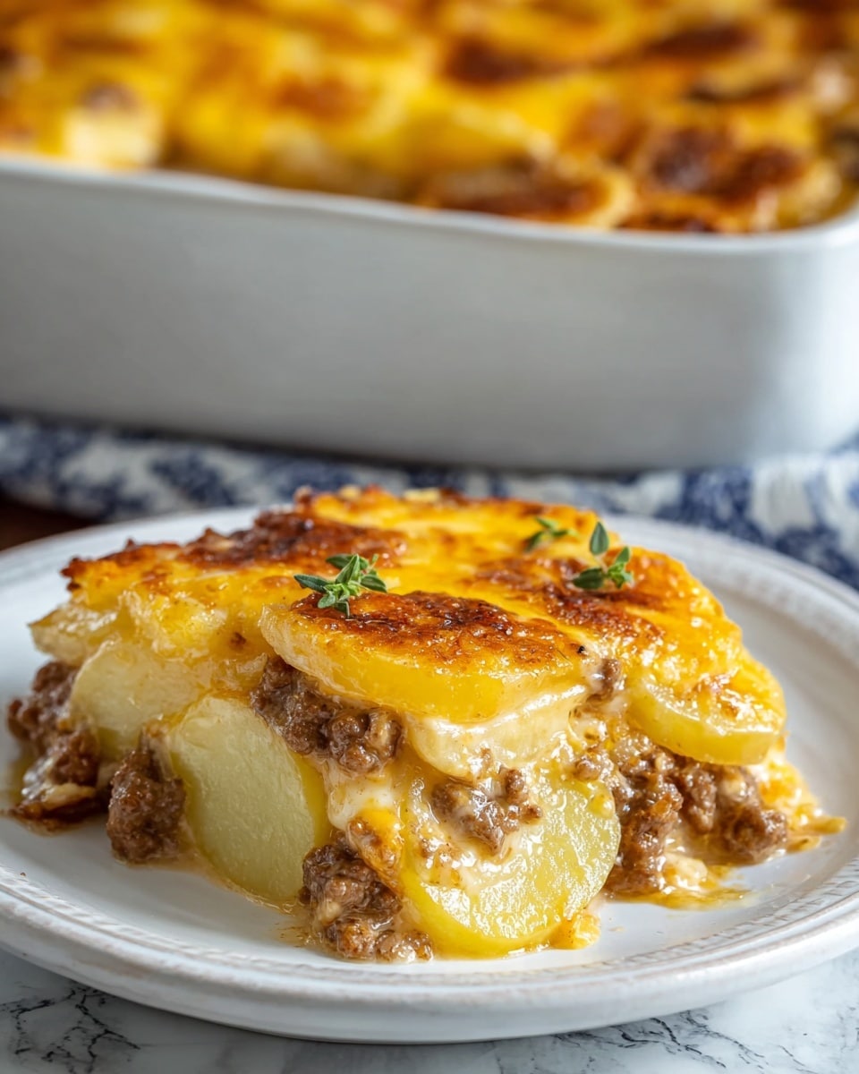 A white plate holds a slice of layered casserole on a white marbled surface; the bottom layer has thick, round slices of creamy yellow potatoes with a soft, slightly oily texture, followed by a middle layer of cooked ground beef in small brown crumbles mixed with melted cheese sauce that is creamy and light. The top layer is a golden-yellow melted cheddar cheese crust with browned spots and small green herb sprigs sprinkled on top. The background shows a white baking dish filled with the same casserole. Photo taken with an iphone --ar 4:5 --v 7