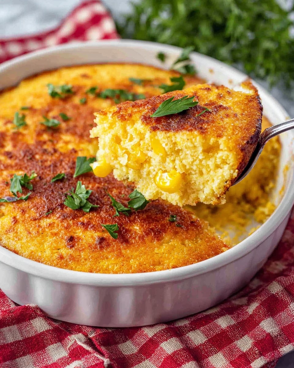 A spoon lifts a golden-brown, crispy topped cornbread from a white ceramic round baking dish, showing a soft, moist, and crumbly yellow inside mixed with whole corn kernels. The cornbread surface is textured with small browned spots and garnished with fresh green parsley leaves, some of which also scatter around the dish. The baking dish sits on a red and white checkered cloth with a blurred bunch of green herbs in the background, all placed on a white marbled surface. Photo taken with an iphone --ar 4:5 --v 7