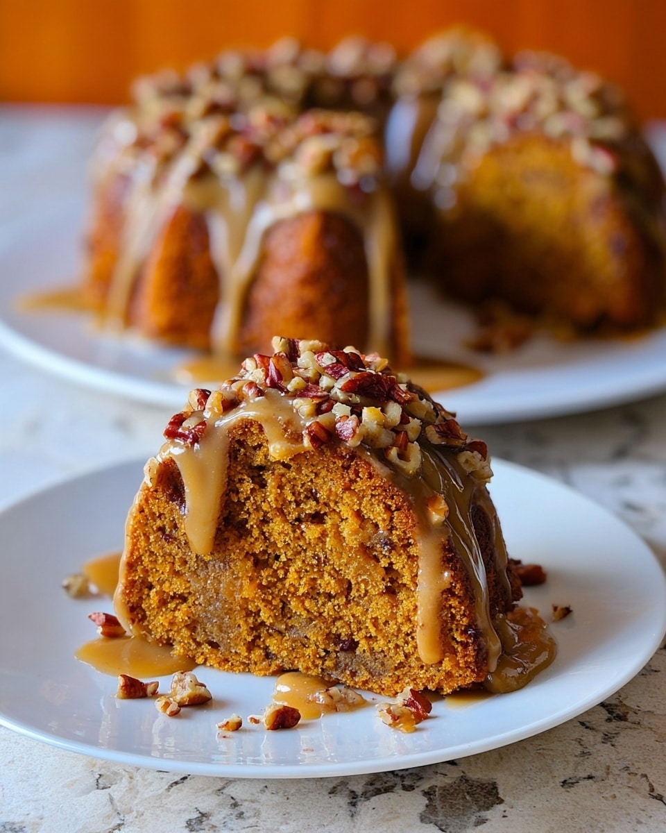 A close-up of a single slice of moist, dense orange-brown bundt cake on a white plate, with visible chunks of nuts and a drizzled light caramel or tan sauce flowing down the sides, topped with small pieces of chopped pecans. In the background, the whole bundt cake shows the same sauce drizzled evenly over its surface on a white plate, all placed on a white marbled texture. The lighting is warm, highlighting the texture and rich colors of the cake. Photo taken with an iphone --ar 4:5 --v 7