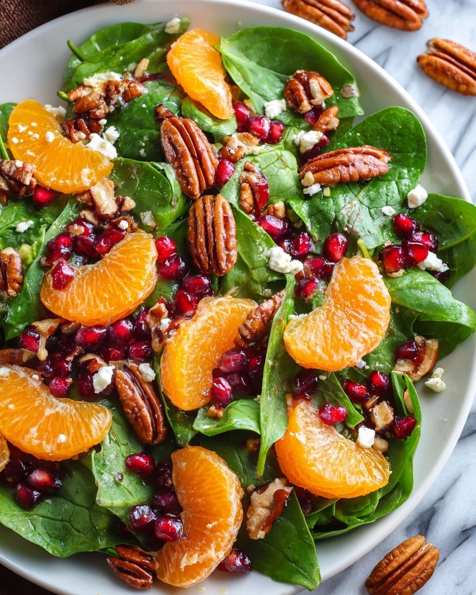 A fresh salad is shown in a white bowl on a white marbled surface. The first layer is bright green spinach leaves with smooth textures and long stems. Scattered on top are shiny red pomegranate seeds and small dark red dried cranberries, adding bright red color pops. Then, there are orange tangerine slices with a slightly glossy, juicy look placed evenly around the bowl. Crunchy brown pecan halves are sprinkled throughout, giving a nutty texture. Small white crumbles of cheese are dotted over everything, adding a soft, crumbly contrast to the salad. Photo taken with an iphone --ar 4:5 --v 7