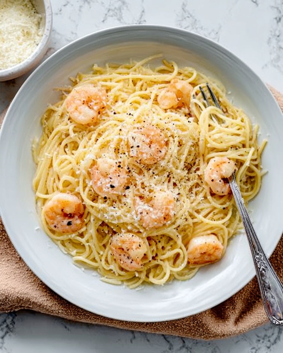 The image shows a white deep plate filled with spaghetti pasta mixed with small cooked shrimp. The spaghetti is creamy and light yellow, with scattered black pepper on top. The shrimp are pink and placed evenly on top and within the pasta. There is a sprinkle of grated cheese, likely Parmesan, giving a light white layer over the spaghetti. A silver fork rests on the right side of the plate, digging slightly into the pasta. The plate is set on a light brown cloth, with part of a small white bowl of extra grated cheese on the top left corner. The background features a white marbled texture surface. photo taken with an iphone --ar 4:5 --v 7