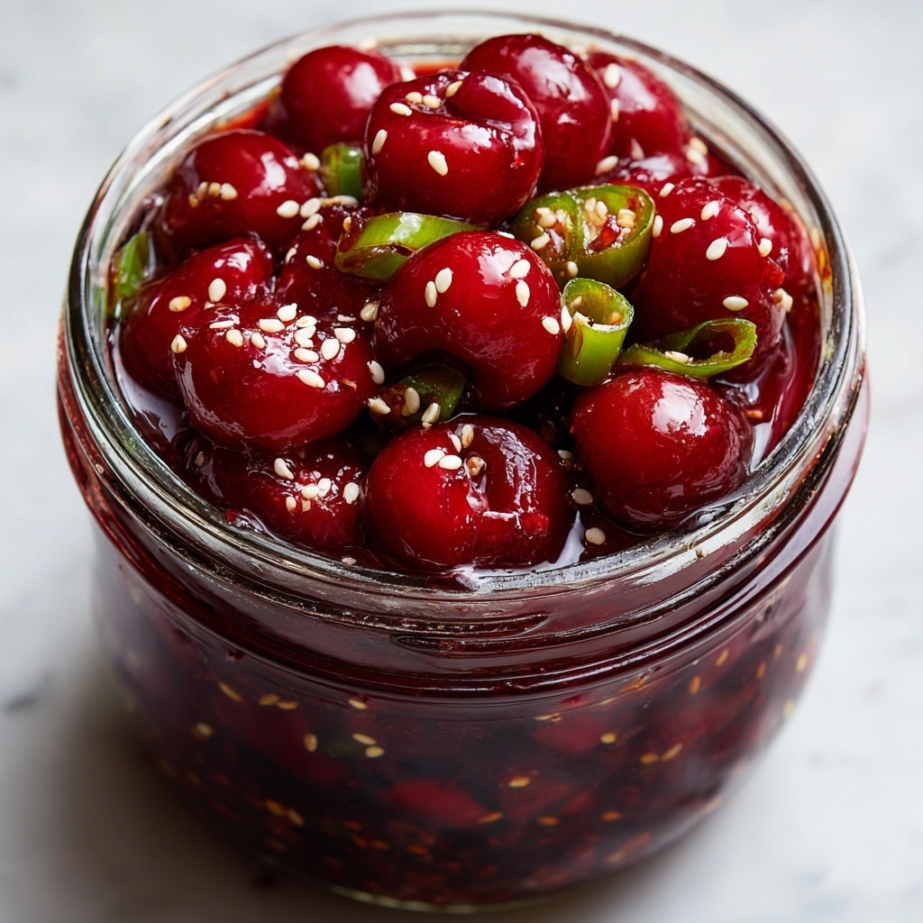 A close-up view of a glass jar filled with bright red cherries and sliced green chili peppers mixed in a glossy, dark red sauce that coats every piece, with some white sesame seeds scattered on top and throughout the jar. The cherries are plump and shiny, layered densely up to the jar's rim, while the green chili slices add texture and color contrast inside the jar. The jar sits on a white marbled surface that softly reflects light. photo taken with an iphone --ar 4:5 --v 7