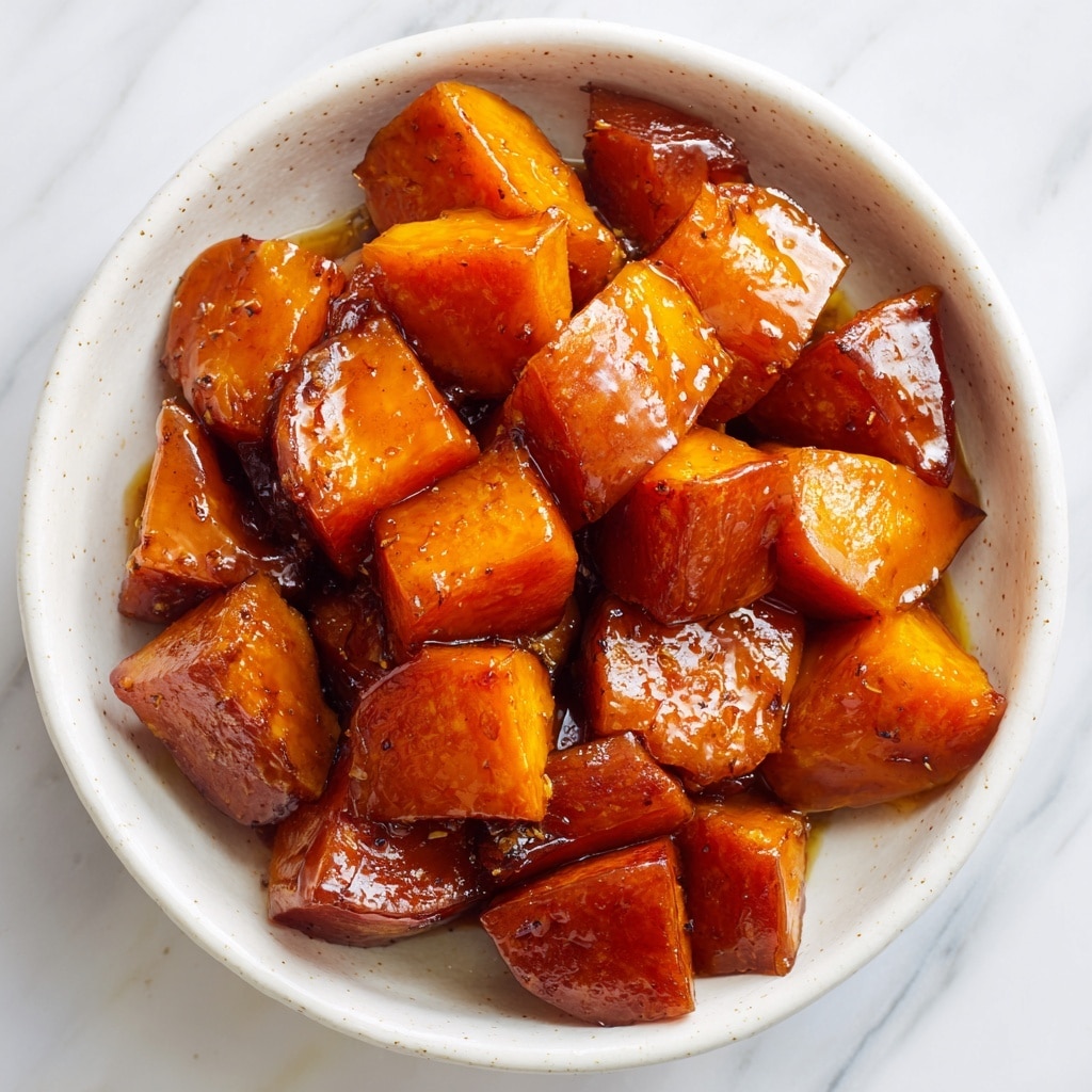 The image shows a white plate filled with nine thick, square chunks of tofu that are cooked to a deep golden brown color with a slightly crispy texture on the outside. Each piece is coated in a glossy, dark reddish-brown sauce that pools slightly around the base of the tofu. The surface of each tofu cube looks shiny and richly spiced with visible flecks, giving it a textured look. The plate sits on a white marbled surface, and the shot is close-up, focusing on the shiny, saucy tofu pieces in the center. Photo taken with an iphone --ar 4:5 --v 7