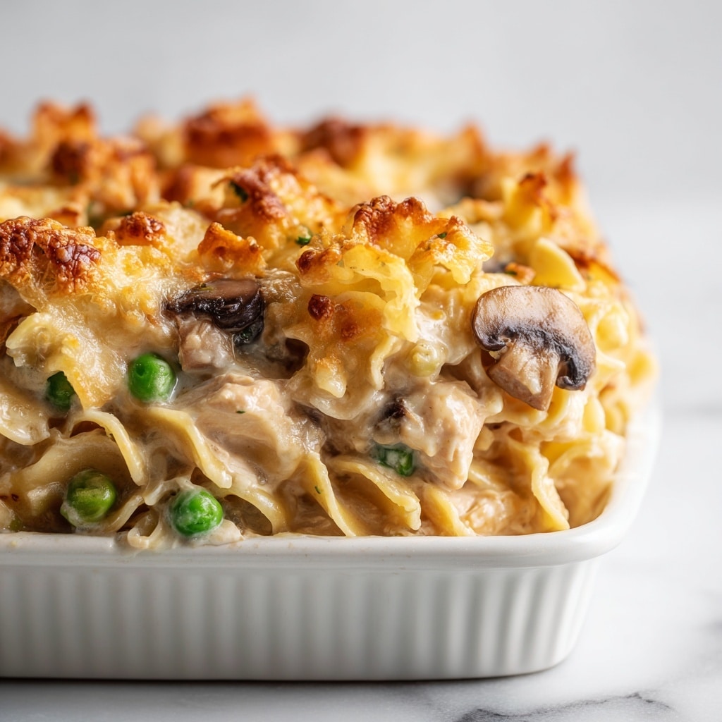 The image shows a close-up of a turkey tetrazzini casserole in a white dish, filled with creamy spaghetti noodles mixed with chunks of white turkey, light green peas, and slices of brown mushrooms. The top layer is golden and crumbly, made of melted cheese and crunchy breadcrumbs, lightly browned. A silver spoon is scooping into the casserole, lifting a portion and revealing the creamy texture and ingredients. The dish is placed on a white marbled surface. photo taken with an iphone --ar 4:5 --v 7