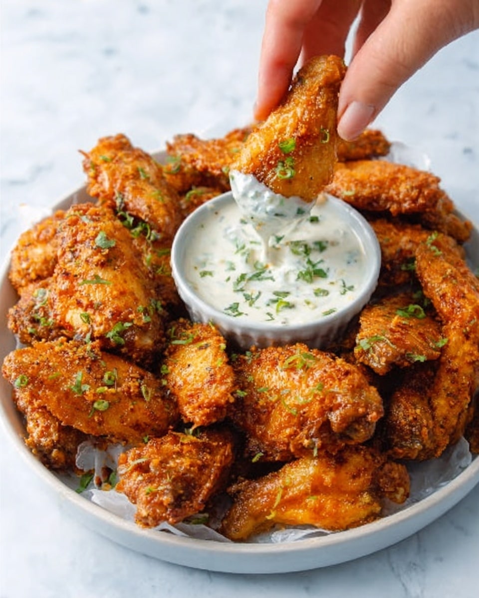 A white plate filled with a pile of golden-brown crispy chicken wings, each piece showing a crunchy texture and sprinkled with small green herbs. On the side of the wings, there is a small white bowl filled with thick, creamy white dipping sauce with specks of herbs visible inside. A woman's hand is holding one wing dipped halfway into the sauce. The background and surface are a white marbled texture. Photo taken with an iphone --ar 4:5 --v 7