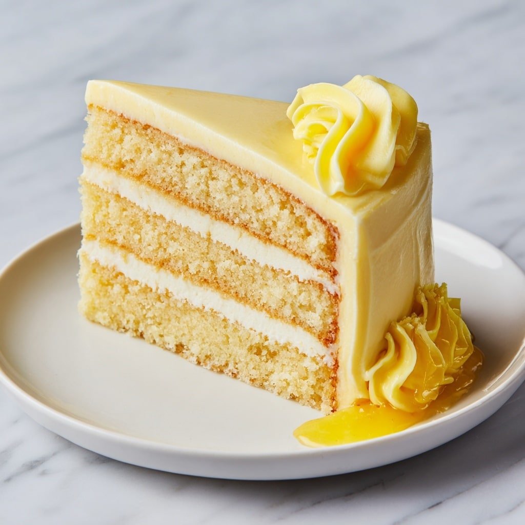 A slice of three-layer yellow cake sits on a white plate with a white marbled texture beneath. The cake has two layers of soft, pale yellow sponge separated by thin layers of white cream. The outer icing is a smooth, light yellow buttercream covering the cake, with a decorative swirl of the same yellow frosting at the back edge. A small amount of glossy yellow filling slightly oozes out from the bottom right corner. Photo taken with an iphone --ar 4:5 --v 7