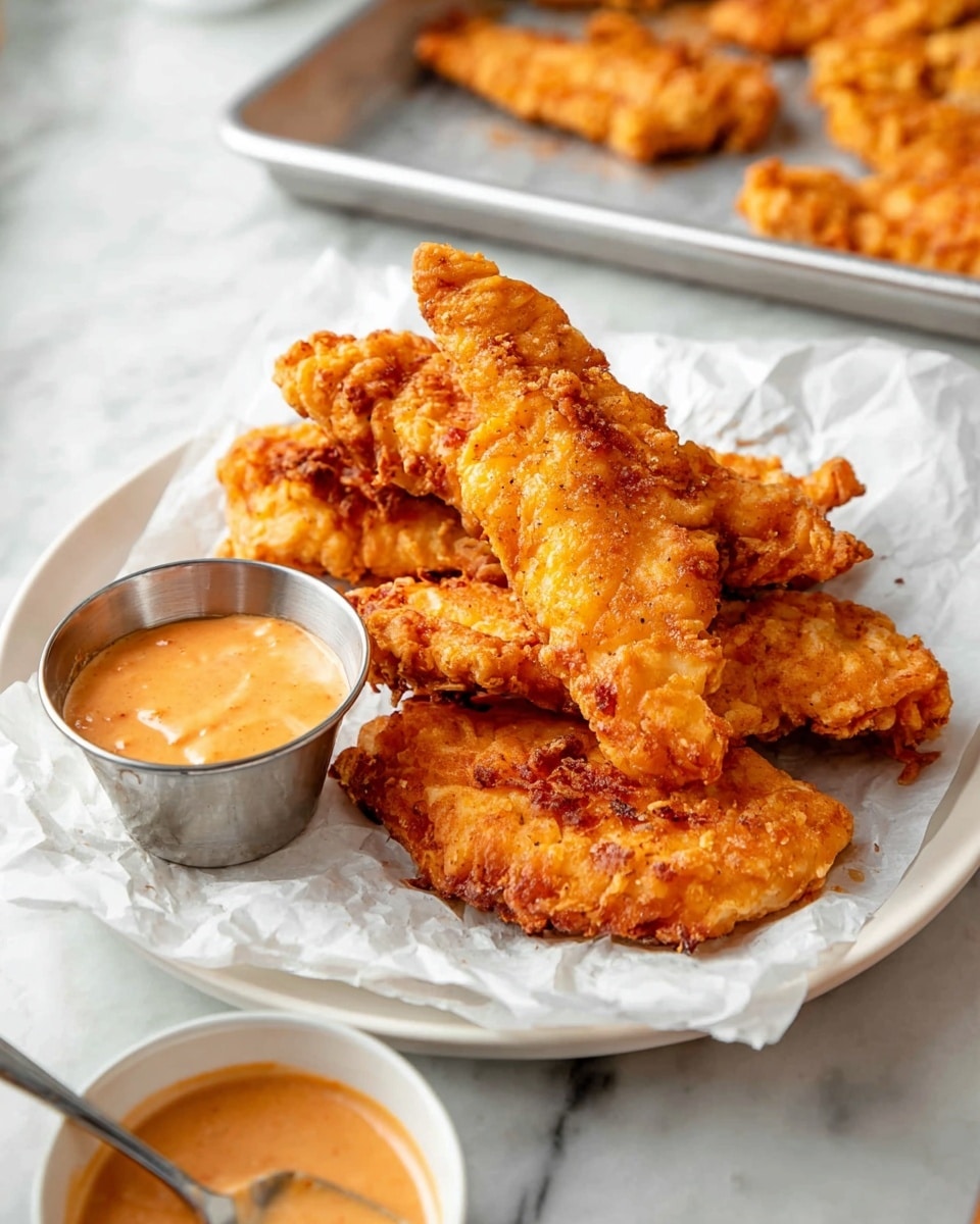 The image shows a small white round bowl filled with a creamy sauce that has a smooth, slightly swirled texture and a light orange color with small black specks, placed on a white marbled textured surface. A silver spoon is resting inside the bowl, partially dipped in the sauce, mixing some of the sauce around, creating a soft swirl pattern. Around the bowl, there are crispy golden-brown fried chicken pieces, one on a metal tray at the top right and some on white parchment paper at the bottom left, showing a crunchy, textured coating with an inviting golden hue. Photo taken with an iphone --ar 4:5 --v 7