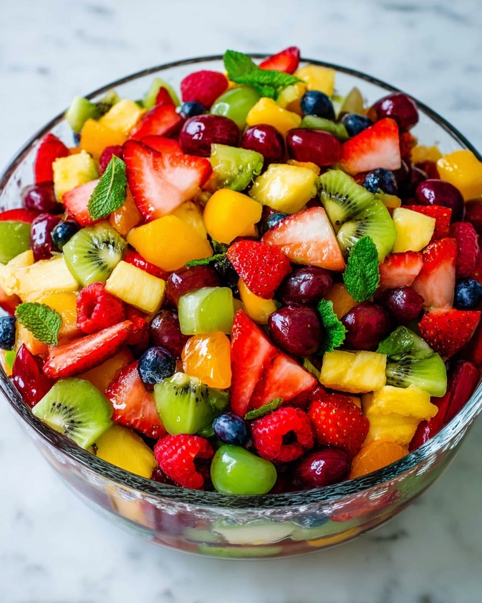 A large clear glass bowl filled with a colorful mix of fresh fruit pieces layered closely together. The top layer shows bright red strawberries sliced in half, small round red raspberries, green kiwi rounds with visible black seeds, green and red grapes halved, small orange mandarin segments, dark blue blueberries, and yellow pineapple cubes, all mixed without gaps. The fruits have a shiny, moist texture, and fresh green mint leaves are scattered on the sides. The bowl sits on a white marbled surface with a softly blurred background. photo taken with an iphone --ar 4:5 --v 7