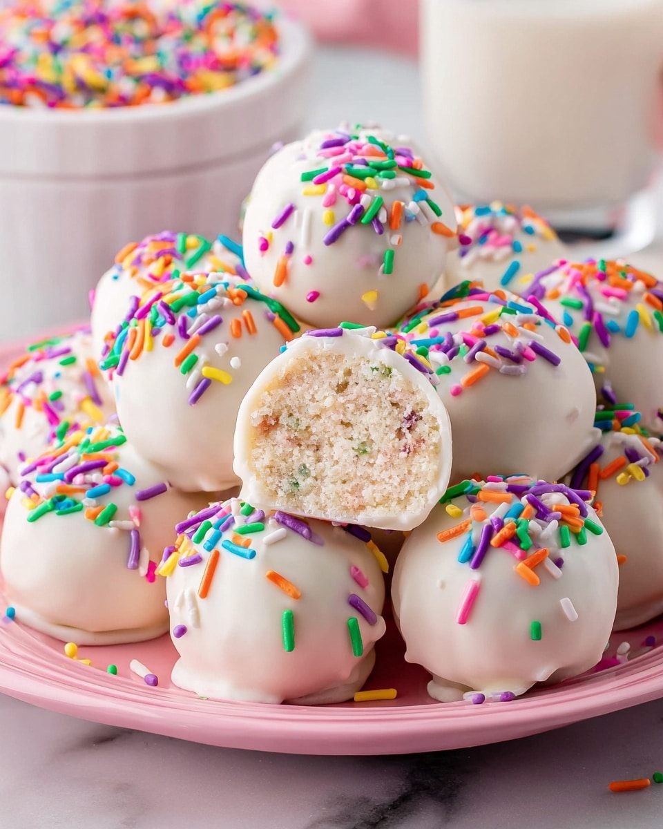 A pink plate holds a pile of round cake balls, each covered in a smooth white coating and topped with colorful rainbow sprinkles in purple, green, yellow, orange, red, blue, and white. One of the cake balls is cut in half, showing an inside layered with a light, crumbly cake speckled with tiny bits of color similar to the sprinkles on the outside. The cake balls have a soft, shiny texture, and in the background, a white bowl filled with more rainbow sprinkles sits on a white marbled surface. A glass of milk is also blurred in the background, adding to the dessert setting. photo taken with an iphone --ar 4:5 --v 7