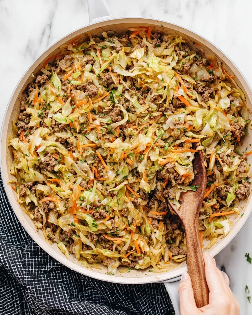 The image shows a large white pan filled with a cooked mix of shredded light green cabbage, thin orange carrot strips, and browned minced meat, all well stirred together with some green herbs visible. A wooden spoon lifts a portion of the mixture in the center, with the woman's hand holding the pan edge on the left side. The pan rests on a white marbled surface, with a black and white checkered cloth partially visible under the pan on the left side and some green onions placed on the top left corner. The ingredients show a contrast of light and warm earthy colors with a slightly glossy, cooked texture. photo taken with an iphone --ar 4:5 --v 7