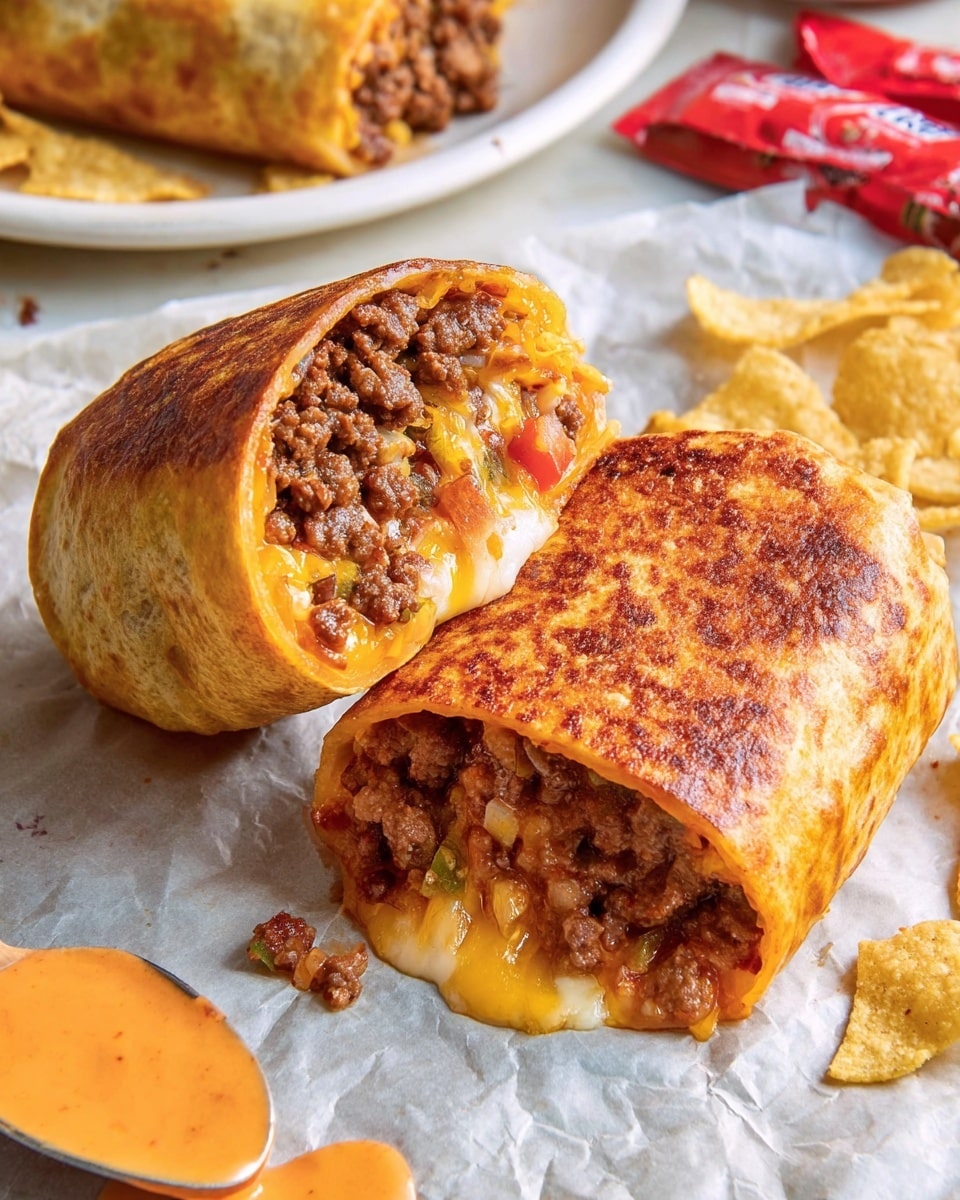 The image shows a close-up of a burrito cut in half on crinkled parchment paper over a white marbled texture. The burrito has two main layers: the golden-brown crispy outer tortilla with melted cheese, and inside it holds cooked ground beef mixed with small bits of vegetables and melted cheese, with some cheese oozing in the middle. Around the burrito halves, there are light yellow tortilla chips scattered, a white plate holding another rolled and fried burrito in the background, and red sauce packets on the side. A spoon with orange dipping sauce is partially visible in the lower left corner. Photo taken with an iphone --ar 4:5 --v 7