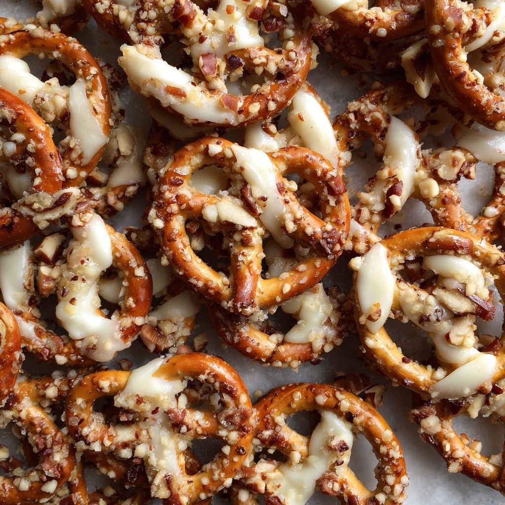 A close-up view of a pile of small twisted pretzels covered with white creamy melted cheese and sprinkled with crushed nuts, showing a mix of golden brown pretzel surfaces with rough, creamy patches and tiny nut fragments scattered evenly across each piece, all resting on a white marbled texture background. photo taken with an iphone --ar 4:5 --v 7