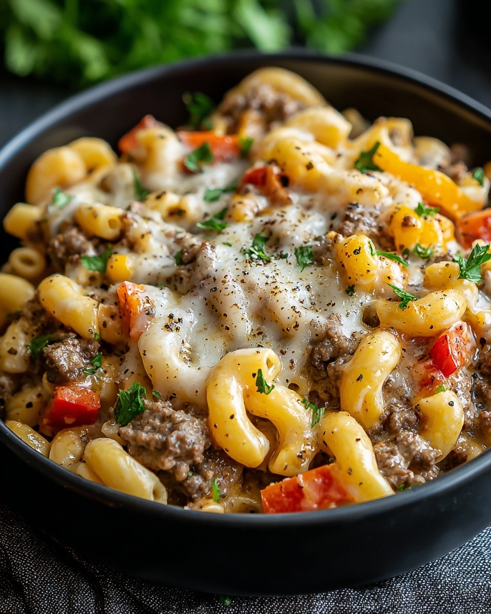 A black bowl filled with creamy pasta made of short, curly noodles in pale yellow, mixed with small chunks of cooked ground beef in brown, and pieces of red and yellow bell peppers. The dish is topped with melted white cheese, sprinkled with fresh green parsley and cracked black pepper on the surface. The bowl is set on a dark cloth, with parts of green herbs blurred in the background. photo taken with an iphone --ar 4:5 --v 7