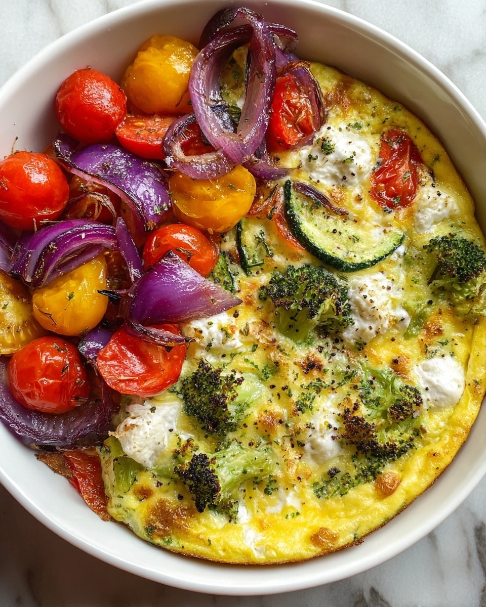 The image shows a close-up of a white plate with two main sections of food. On the left side, there is a colorful mix of halved red and yellow cherry tomatoes, topped with thin slices of purple onion rings sprinkled with herbs. On the right side is a baked dish with a creamy, white layer that has browned spots, mixed with green broccoli florets, small slices of zucchini, and red tomato pieces. The baked layer looks soft and slightly textured with some crispy parts. The plate sits on a white marbled surface. Photo taken with an iphone --ar 4:5 --v 7