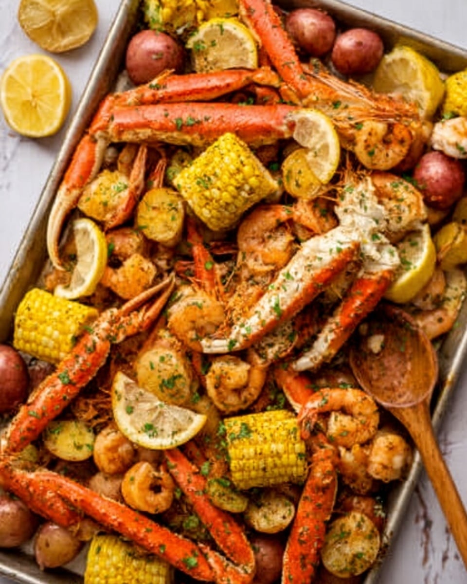 A large white tray filled with a colorful seafood boil featuring bright orange crab legs and pink shrimp scattered evenly throughout. Yellow corn on the cob pieces and small round yellow and red potatoes are mixed in among the seafood. Seasonings and herbs sprinkle the top, adding specks of green and black. Lemon wedges are placed around the edges. A wooden spoon is resting in the tray with a woman's hand holding it. The tray is set on a white marbled surface. Photo taken with an iphone --ar 4:5 --v 7
