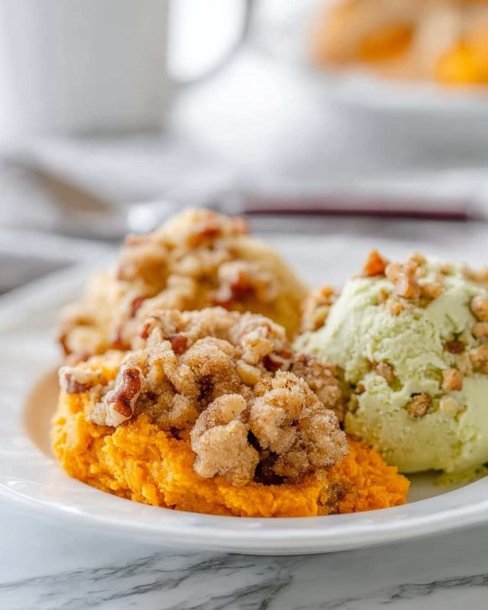 The image shows a white plate with two distinct layers of food on a white marbled surface. At the bottom, there is a layer of bright orange mashed sweet potatoes, smooth and creamy. On top of this, pieces of crumbly brown pecan topping with a slightly rough texture are scattered, some pieces showing a glossy nut surface. To the side of the sweet potatoes, there is a yellowish-green layer of seasoned stuffing with small, soft bread pieces mixed in, showing a moist but crumbly texture. Photo taken with an iphone --ar 4:5 --v 7