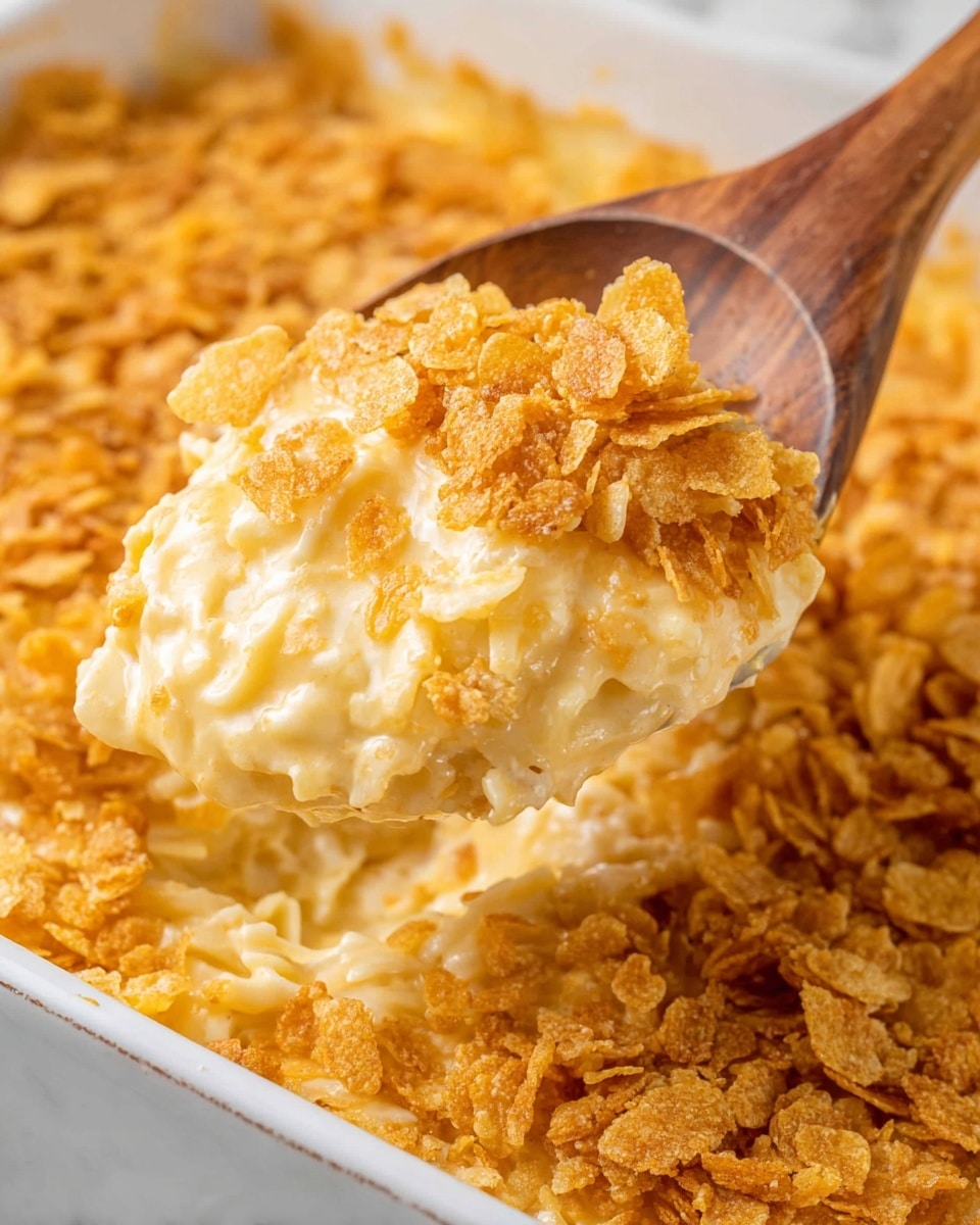 A close-up of a wooden spoon lifting a scoop of a creamy, cheesy casserole from a white dish, showing three visible layers: the bottom layer is light beige baked noodles, the middle layer is a thick, smooth, pale yellow cheese sauce with a slightly melted texture, and the top layer is a crunchy, golden-brown cornflake crust with a rough, uneven surface. The background is filled with the same casserole surface, showing the textured cornflake topping in bright warm tones, placed on a white marbled surface. photo taken with an iphone --ar 4:5 --v 7