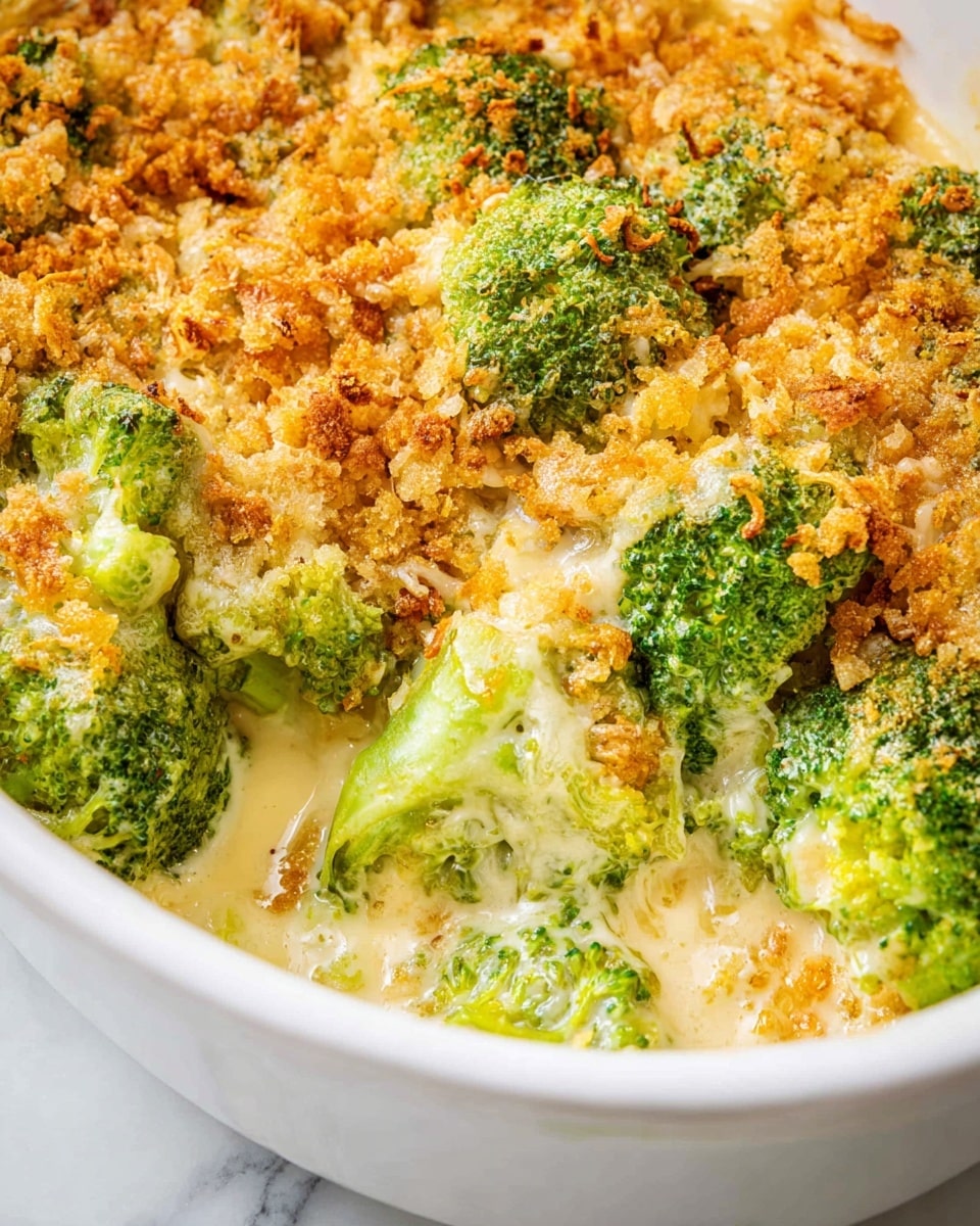 The image shows a close-up of a broccoli casserole in a white round baking dish. The dish has visible layers of bright green broccoli florets covered with a creamy, yellowish cheese sauce that bubbles slightly around the edges. On top of the broccoli and sauce is a golden-brown, crispy breadcrumb and cheese crust that adds texture. The casserole is thick and rich, with the cheese melting into the broccoli evenly, creating a mix of soft and crunchy textures. The surface beneath the dish is a white marbled texture. photo taken with an iphone --ar 4:5 --v 7
