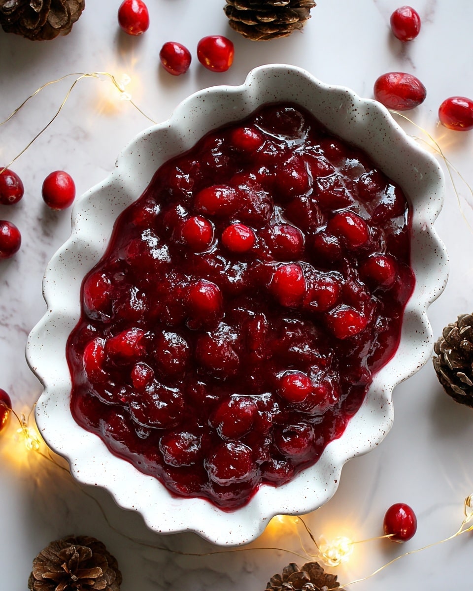 A white speckled, scalloped-edged dish filled with a thick, glossy layer of deep red cranberry sauce, showing whole cranberries and softened pieces mixed throughout. The dish is placed on a white marbled texture, surrounded by whole fresh cranberries and small warm yellow fairy lights. A few pinecones are also visible near the edges, adding a natural touch. The texture of the sauce is both smooth and chunky, with a shiny surface catching light. photo taken with an iphone --ar 4:5 --v 7