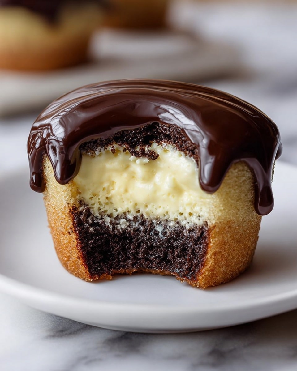 A cupcake is shown with three distinct layers and a glossy dark chocolate topping. The bottom layer is light brown with a soft texture, followed by a thin, dark brown layer with a slightly crumbly texture. The middle layer is creamy and pale yellow, thick and smooth, creating a rich contrast inside the cupcake. The top is covered in a thick, shiny dark chocolate glaze that drips slightly over the edges. The cupcake sits on a white plate, placed on a white marbled surface. photo taken with an iphone --ar 4:5 --v 7